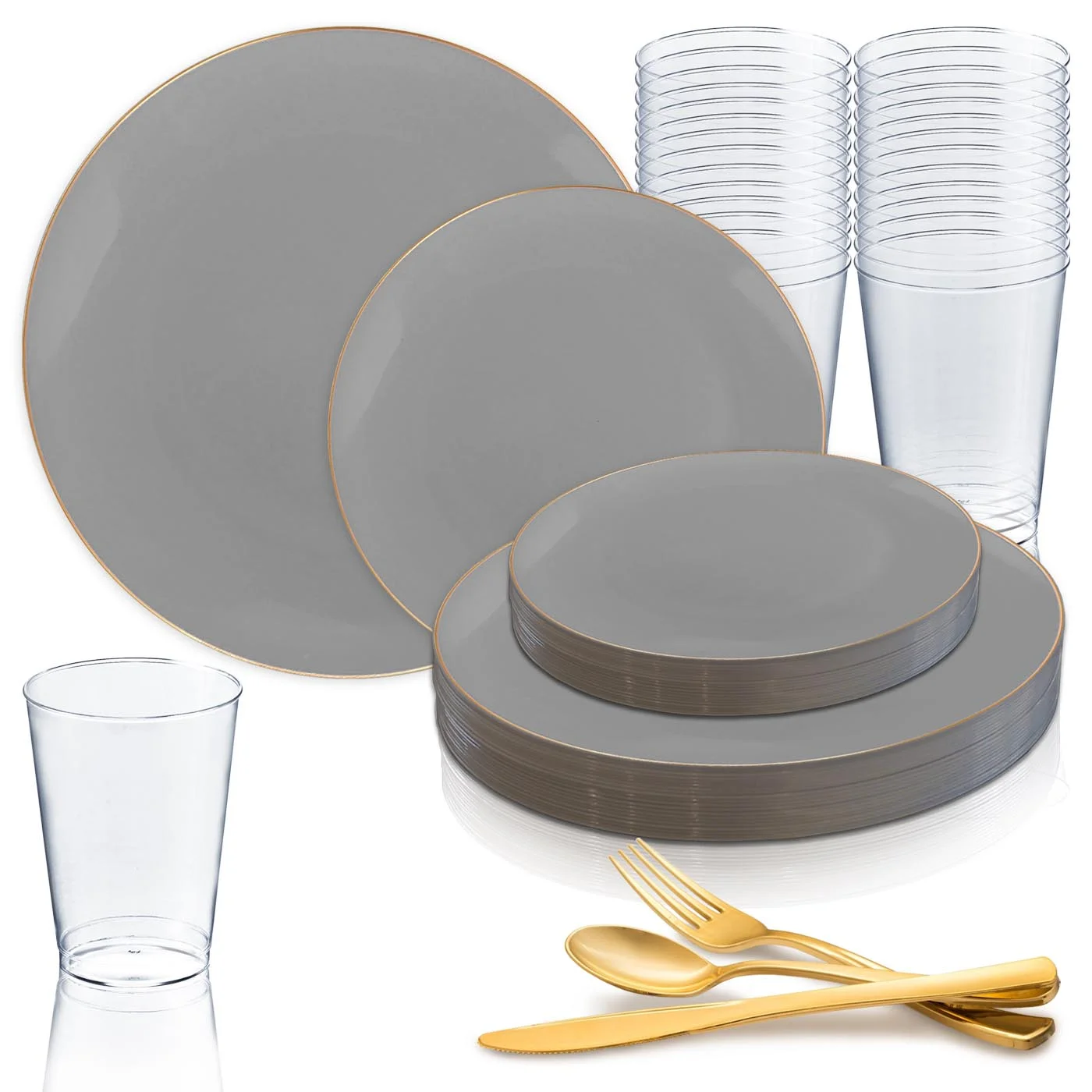 Smarty Gray Gold Organic Disposable Plastic Wedding Value Set (60 Guests)
