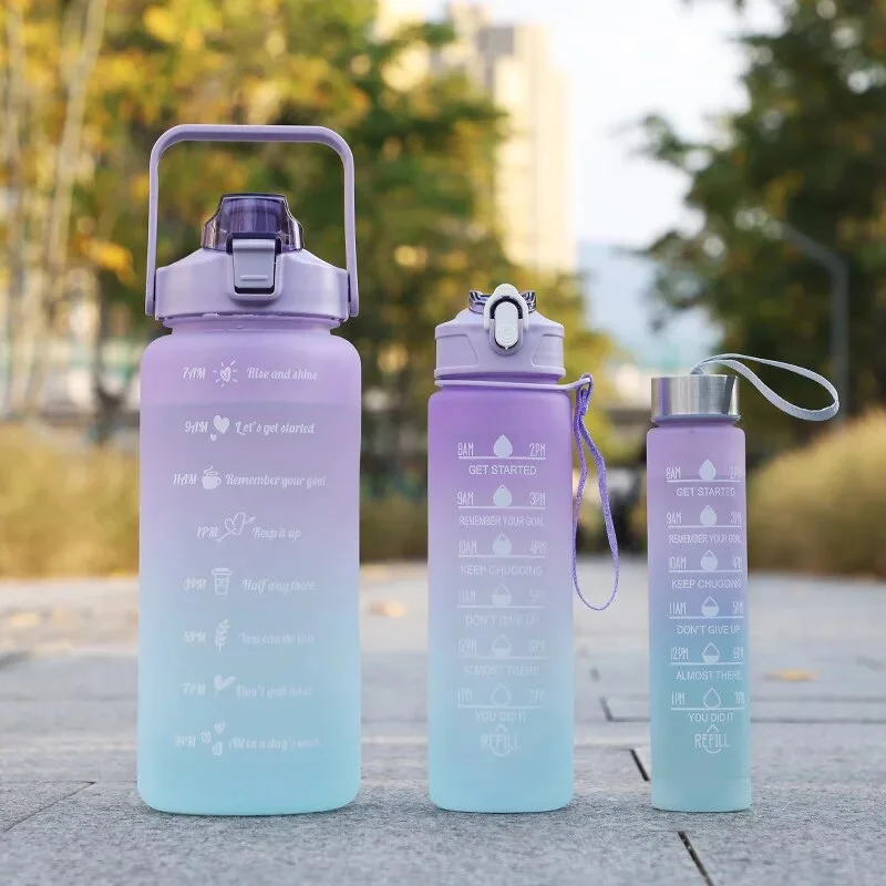 2 Liter Water Bottle With Straw Kawaii Cute Drinking Sports Bottles With Time Marker For Girls Water Jug Drinkware Outdoor Cup 2.0L Purple-3pcs
