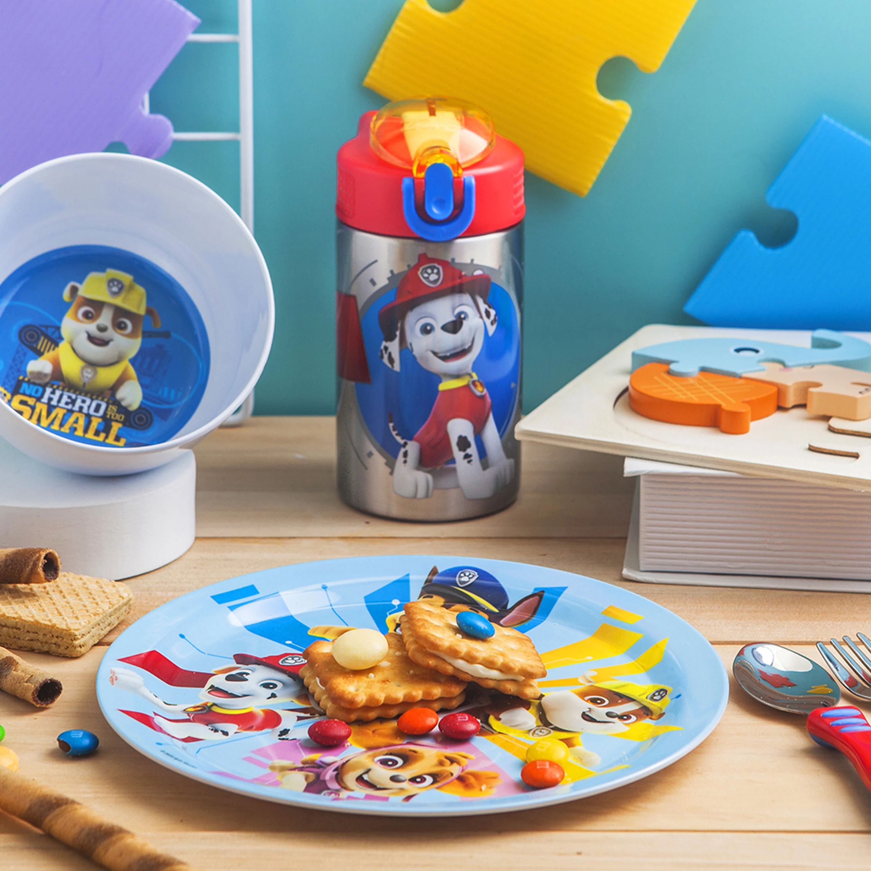 Zak Designs 6 pcs PAW Patrol Kids Dinnerware Set Melamine Stainless Steel Plate Bowl Tumbler Flatware Water Bottle, Marshall, Skye and Friends