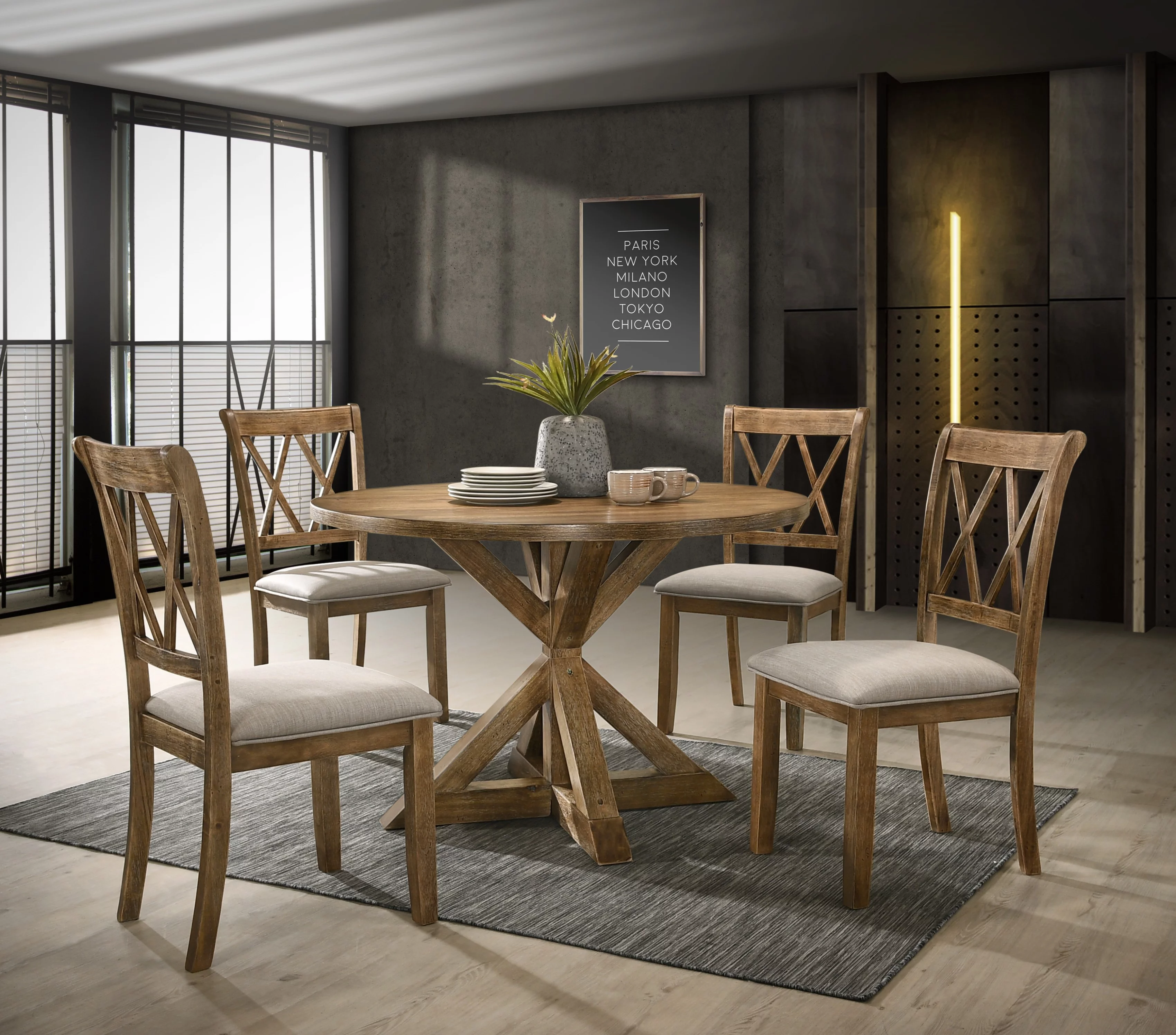 Roundhill Furniture Windvale Cross-Buck Wood 5-Piece Dining Set in Tan
