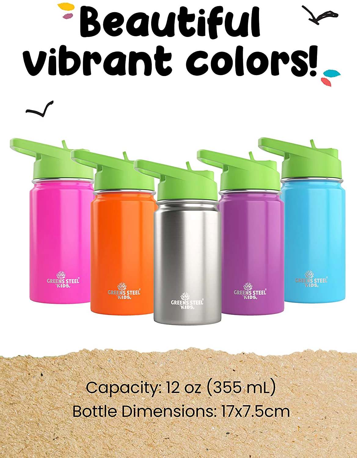 Kids Water Bottle - 12oz Pink | Leak Proof With Straw & Handle | 24 Hours Cold | Insulated, Double Wall Stainless Steel | Easy Sip Toddler Cup | Child's Flask | Eco Friendly