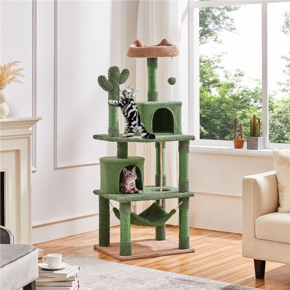 Topeakmart 62.5″ H Cactus Cat Tree with Padded Perch 2 Condos for Medium-sized Cats, Green/Brown
