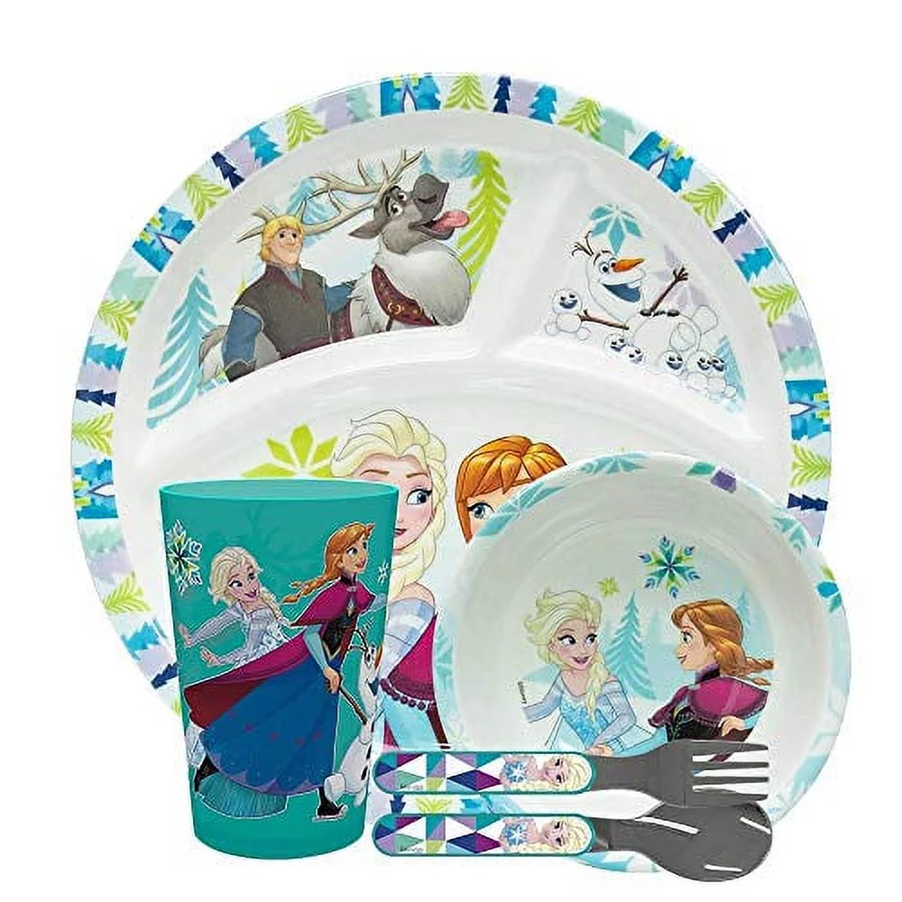 Zak Designs 5pcs Disney Frozen Kids Dinnerware Set Includes Plate, Bowl, Tumbler and Utensil Tableware, Made of Durable Material, Non-BPA, Anna and Elsa
