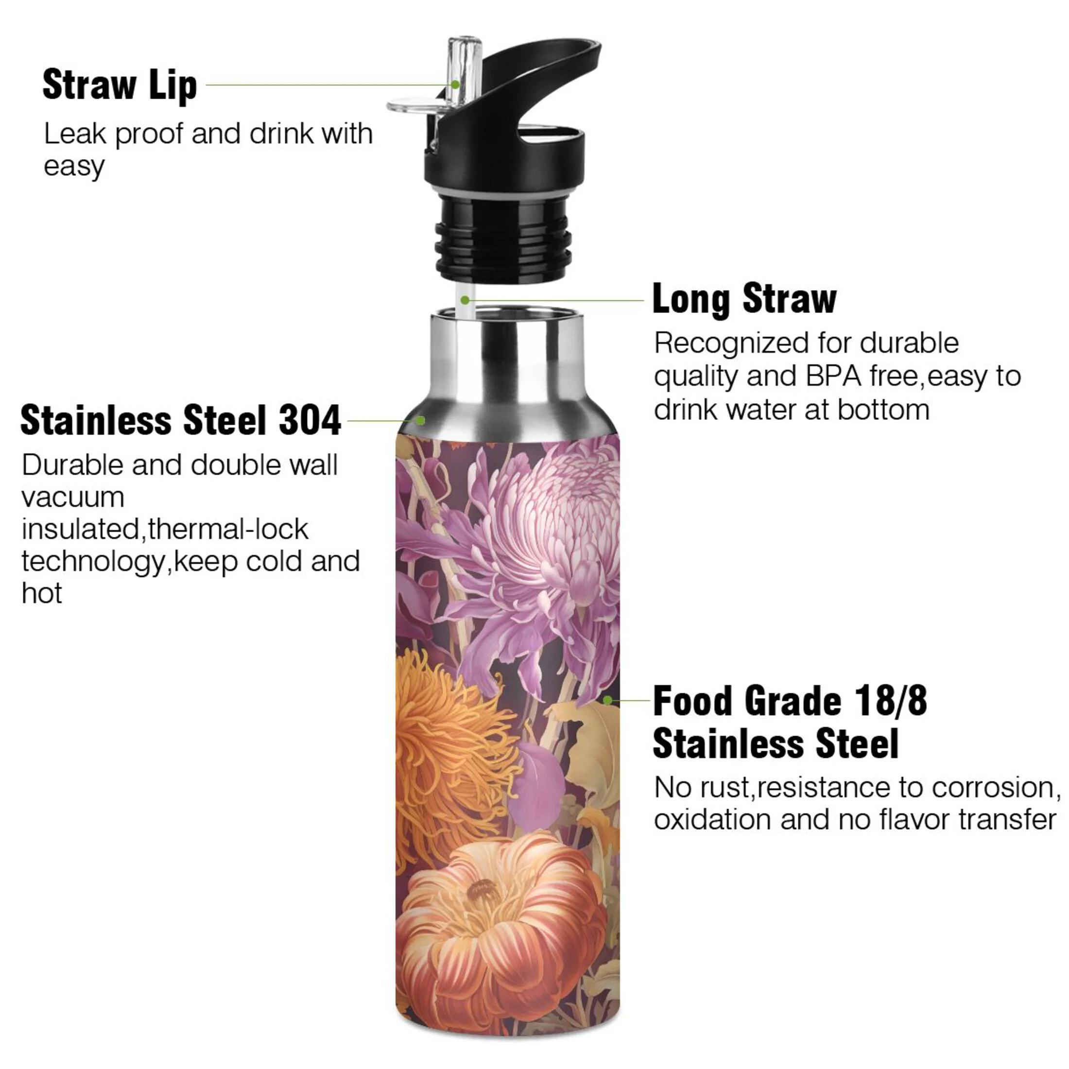 Water Bottle with Straw Lid Leak Purple Flowers Stainless Steel Insulated Thermos Vacuum Flask for Cold Hot Drinking for Sports Camping Gym Yoga