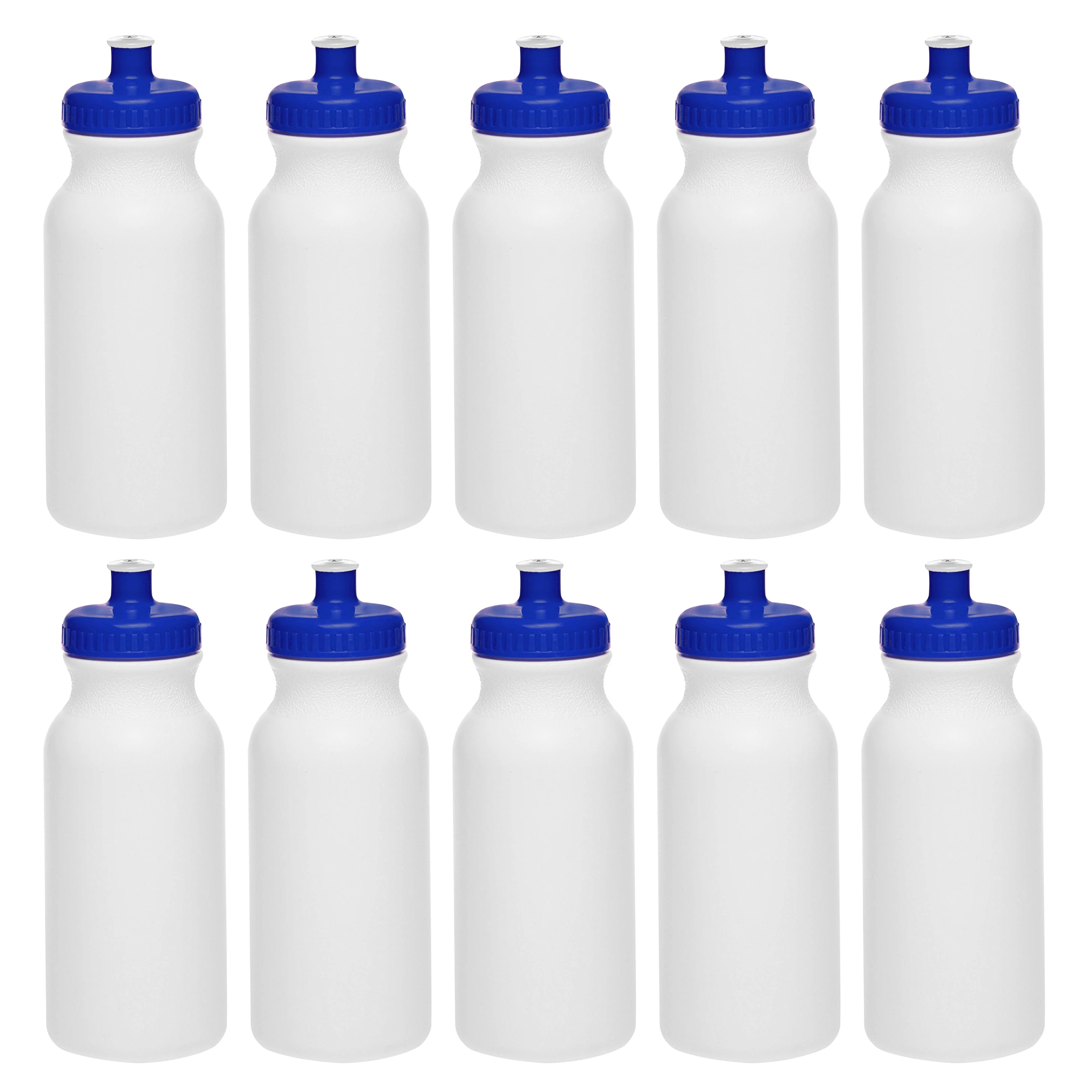 White Water Bottles with Push Cap 20 oz. Set of 10, Bulk Pack - Reusable, Squeezable Bottles - White Blue