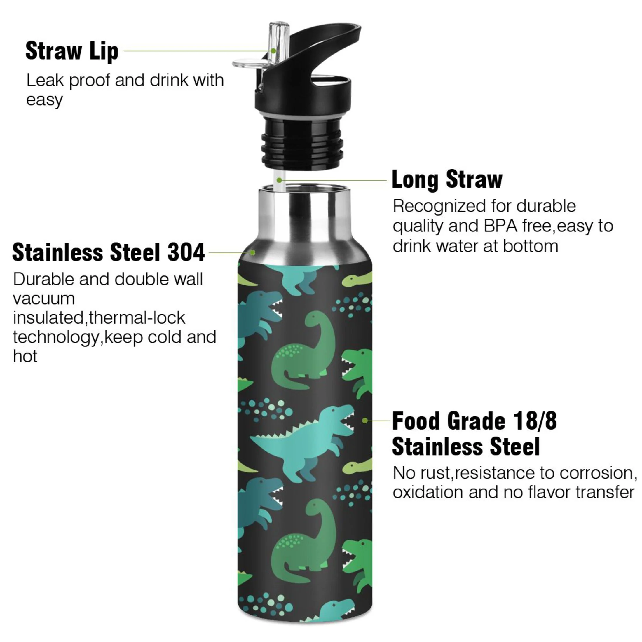 Stainless Steel Water Bottle Childish Dinosaur with Straw Lid Vacuum Insulated Keeps Hot and Cold Leak Proof Flask Jug for Gym Travel Sports Cycling Outdoor 20 OZ