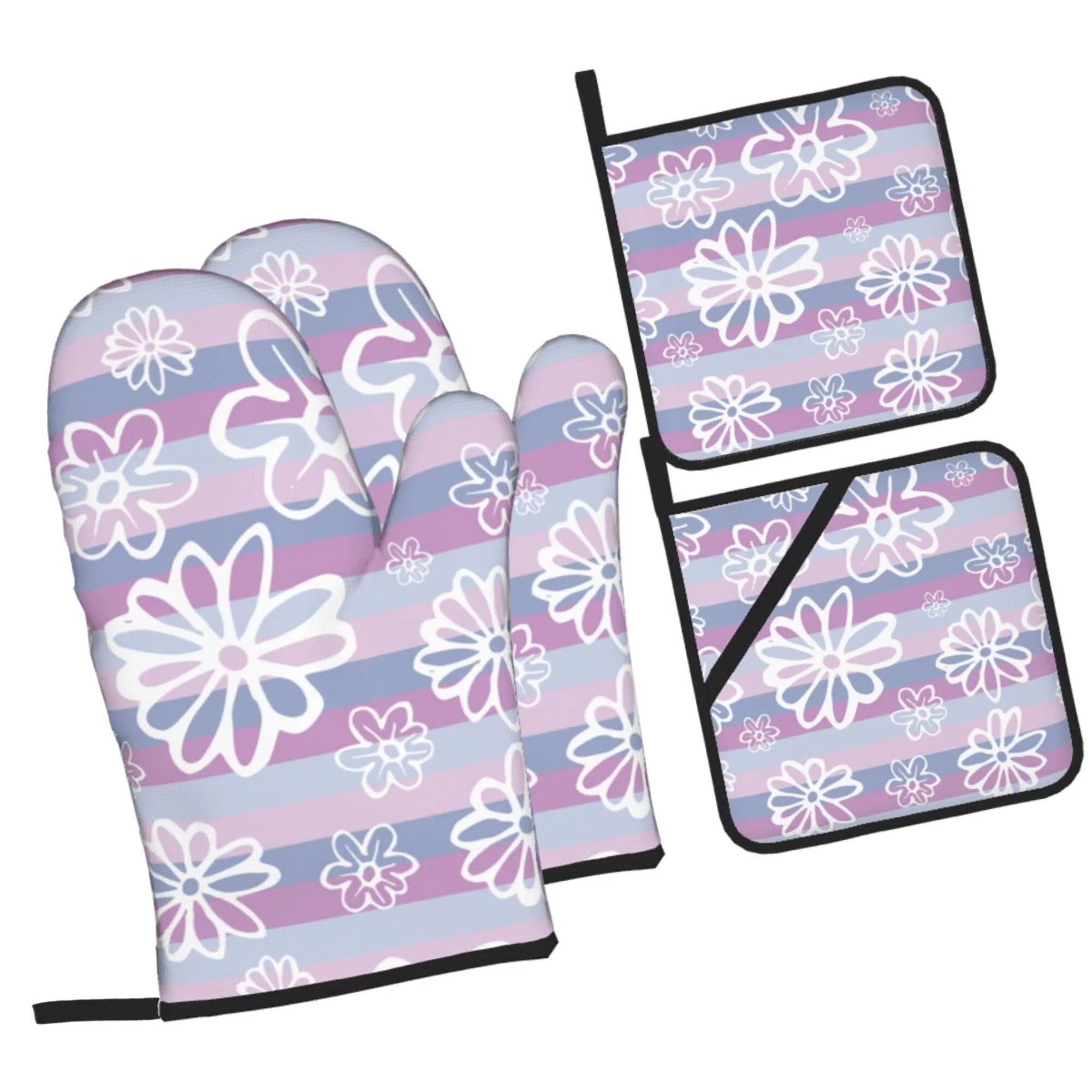 Purple Striped Flowers Oven Mitts and Pot Holders Sets Baking Sets for Kitchen BBQ Gloves Heat Resistant Cooking Line Art 4 Pieces