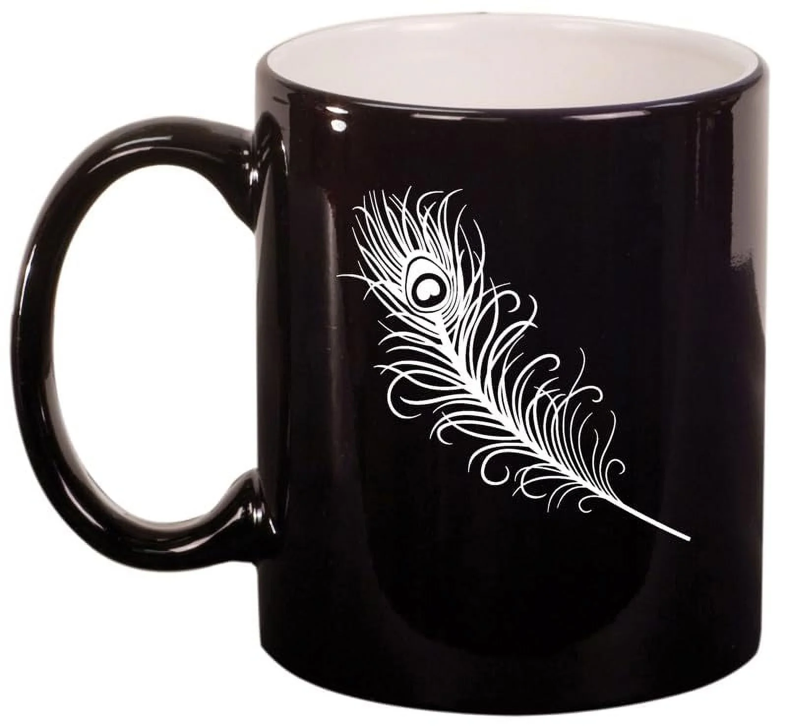 Peacock Feather Ceramic Coffee Mug Tea Cup Gift for Her, Him, Friend, Coworker, Wife, Husband (11oz Gloss Black)