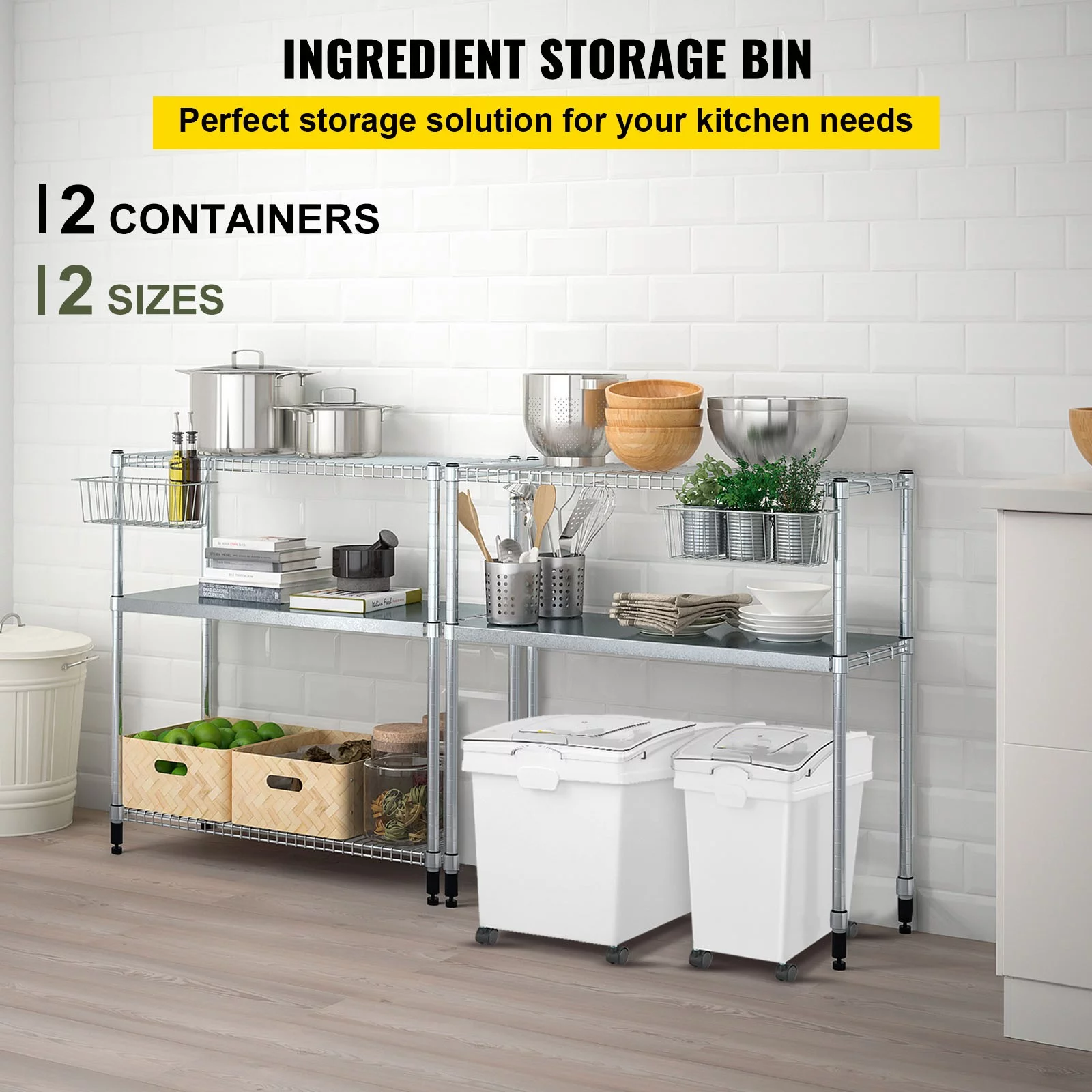 BENTISM Ingredient Storage Bin Flour Bins On Wheels 10.5 Gallon and 6.6 Gallon 2 Pcs/Set