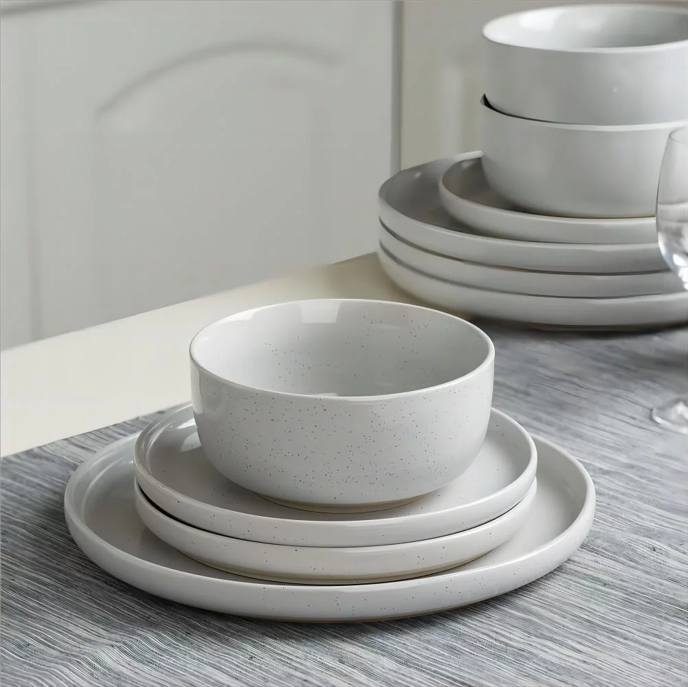 Famiware Plates and Bowls Set, 12 Piece Stoneware Dinnerware Sets, Light Gray