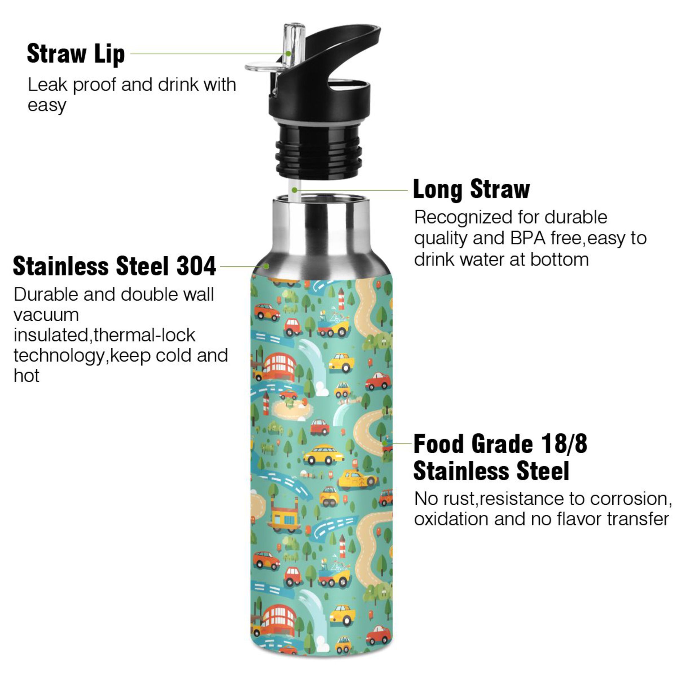 Car Cartoon Water Bottles Insulated Thermos Kids Stainless Steel Bottle with Straw Lid Flask Leakproof for Sports Gym 20 oz