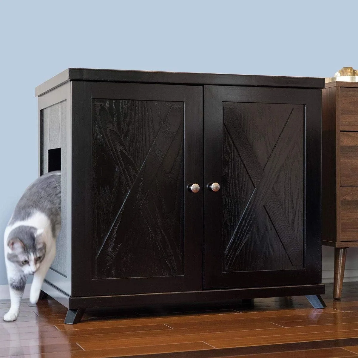 Cat Litter Box Enclosure Cabinet, Farmhouse, Black Espresso, -Century Feet, Xlarge, Hidden Litter Cat Furniture With Drawer