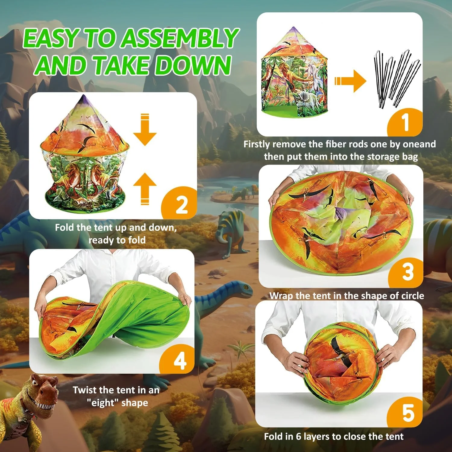 AOKESI Dinosaur Kids Play Tent, Dinosaur Pop Up Playhouse Tent Indoor & Outdoor Discovery Dinosaur Tent Gift for Boys Girls Kids