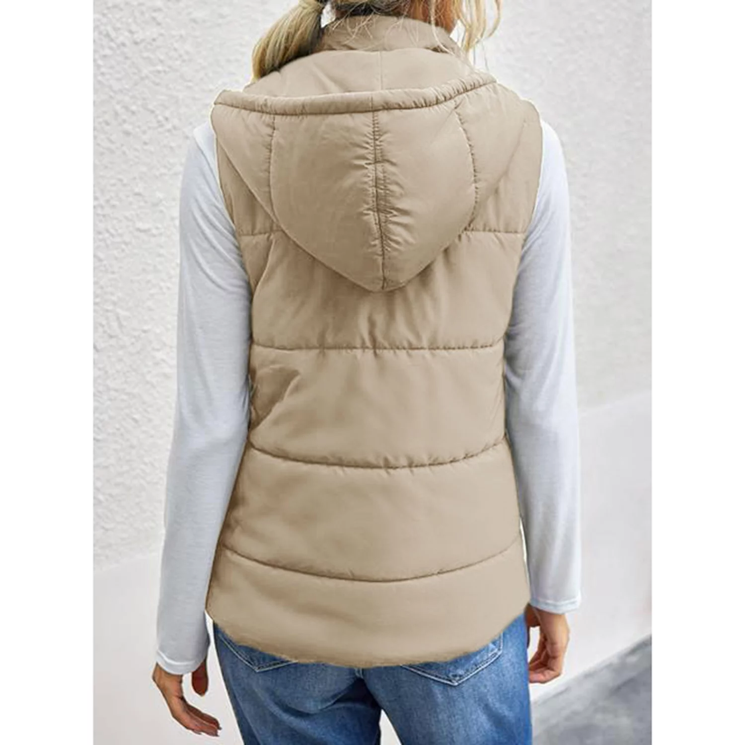 Mafulus Women's Lightweight Hooded Outwear Vest Stand Collar Zip Padded Sleeveless Coat With Pockets