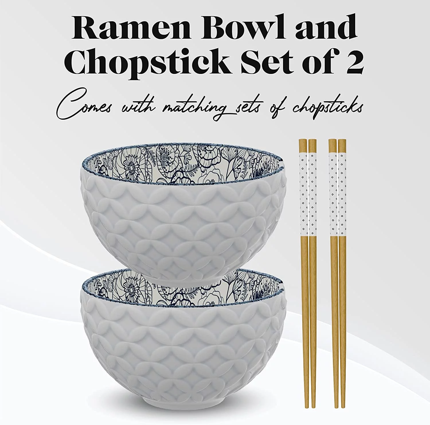 American Atelier Ramen Bowl with Chopsticks Set of 2 Soup Bowls, for Kitchen Udon Noodle Bowls with Chopsticks, Stoneware Soup Bowl 6