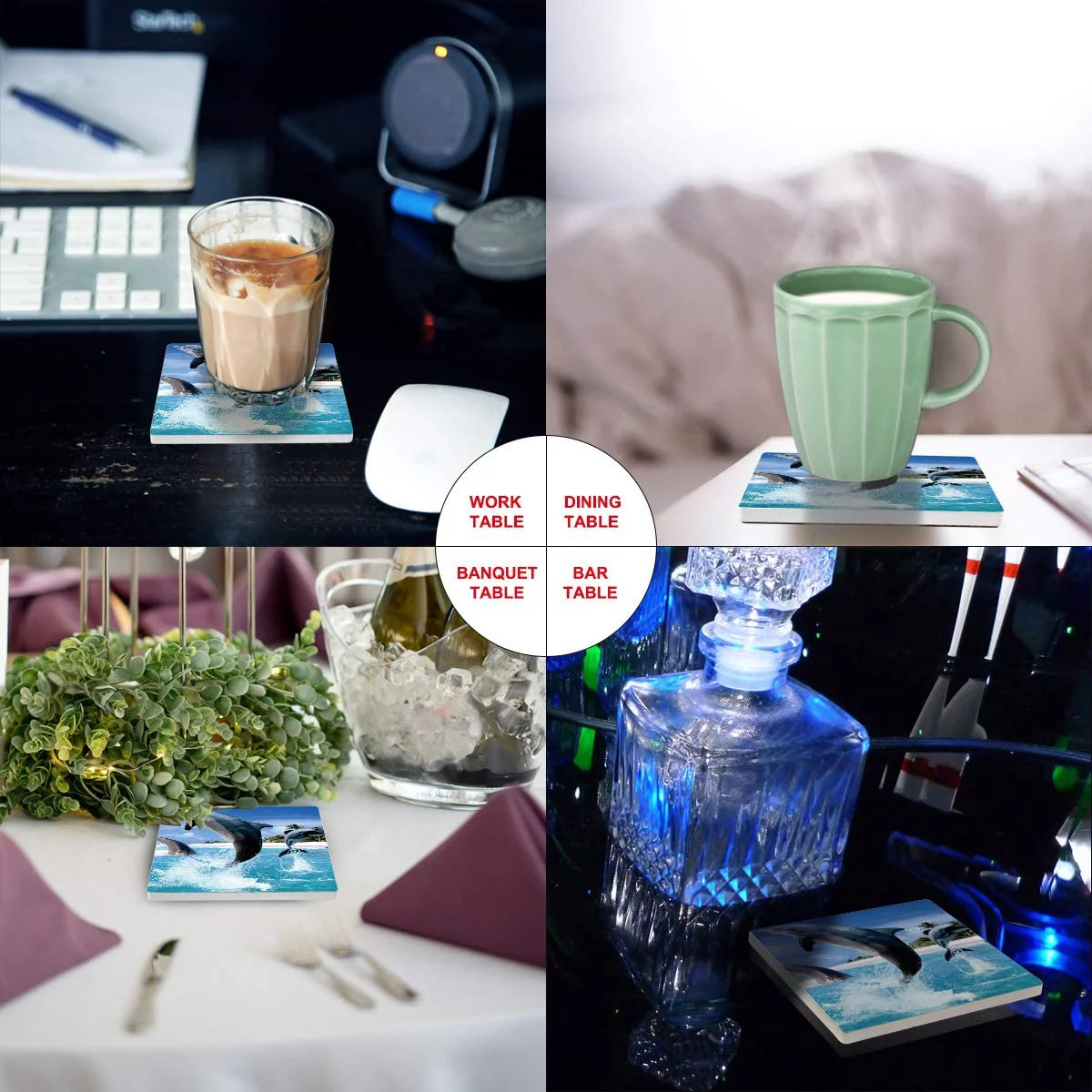 KXMDXA Dolphin Jumps Out of The Water Ocean Theme Set of 6 Coaster for Drinks, Absorbent Ceramic Stone Coasters Cup Mat with Cork Base for Home Kitchen Room Coffee Table Bar Decor