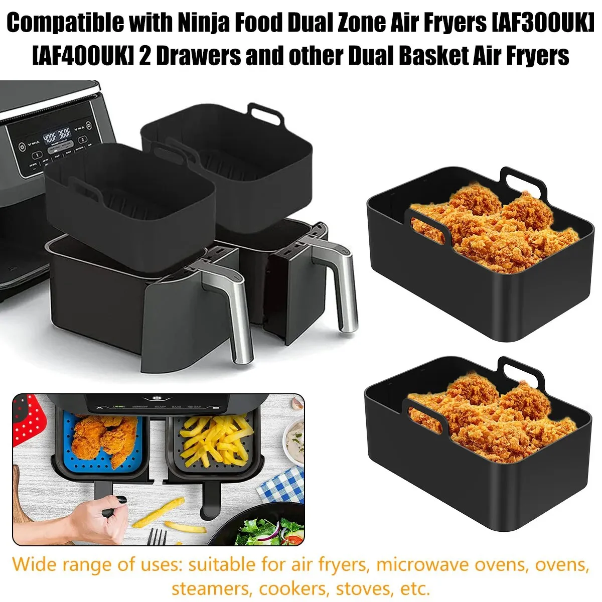 6Pcs Air Fryer Silicone Pot Liner with Handle Air Fryer Accessories Silicone Basket Oven Baking Tray Mats for Ninja Philips black
