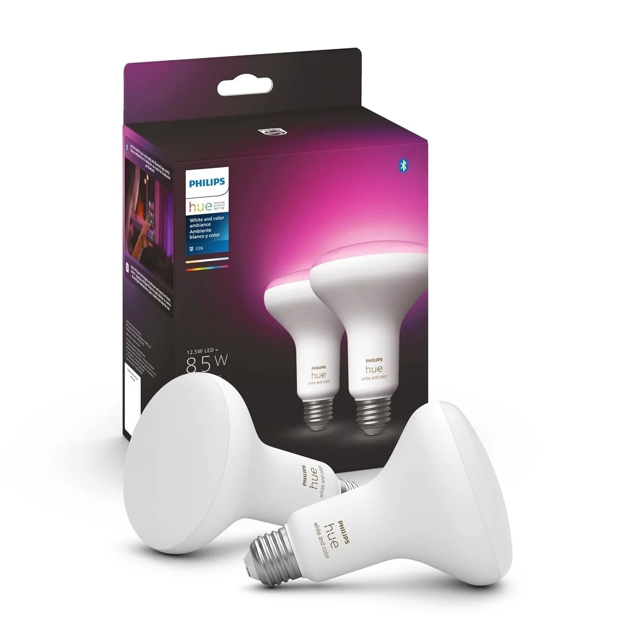 Philips Hue 2-Pack White and Color Ambiance BR30 Bluetooth 85W Smart LED Bulb, White