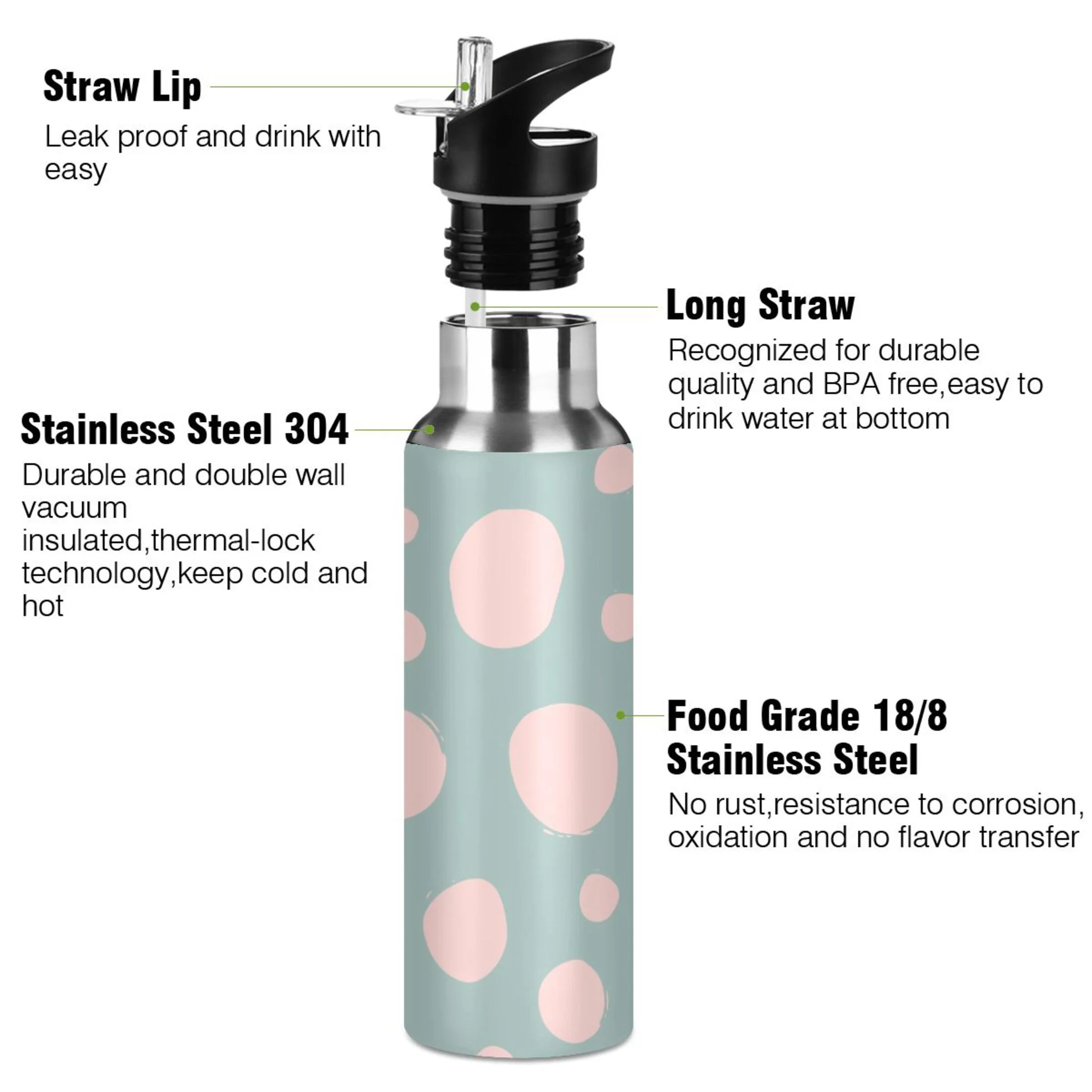 Water Bottle with Straw Lid Leak Pink Polka Dot Graffiti Stainless Steel Insulated Thermos Vacuum Flask for Cold Hot Drinking for Sports Camping Gym Yoga