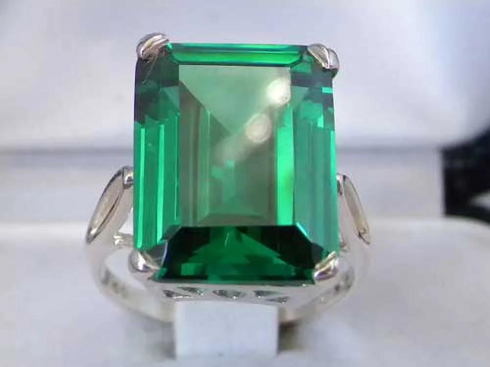 LBG Solid Sterling Silver Large 16x12mm Octagon cut Green Cubic Zirconia CZ Ring - Size 10 - Sizes 5 to 12