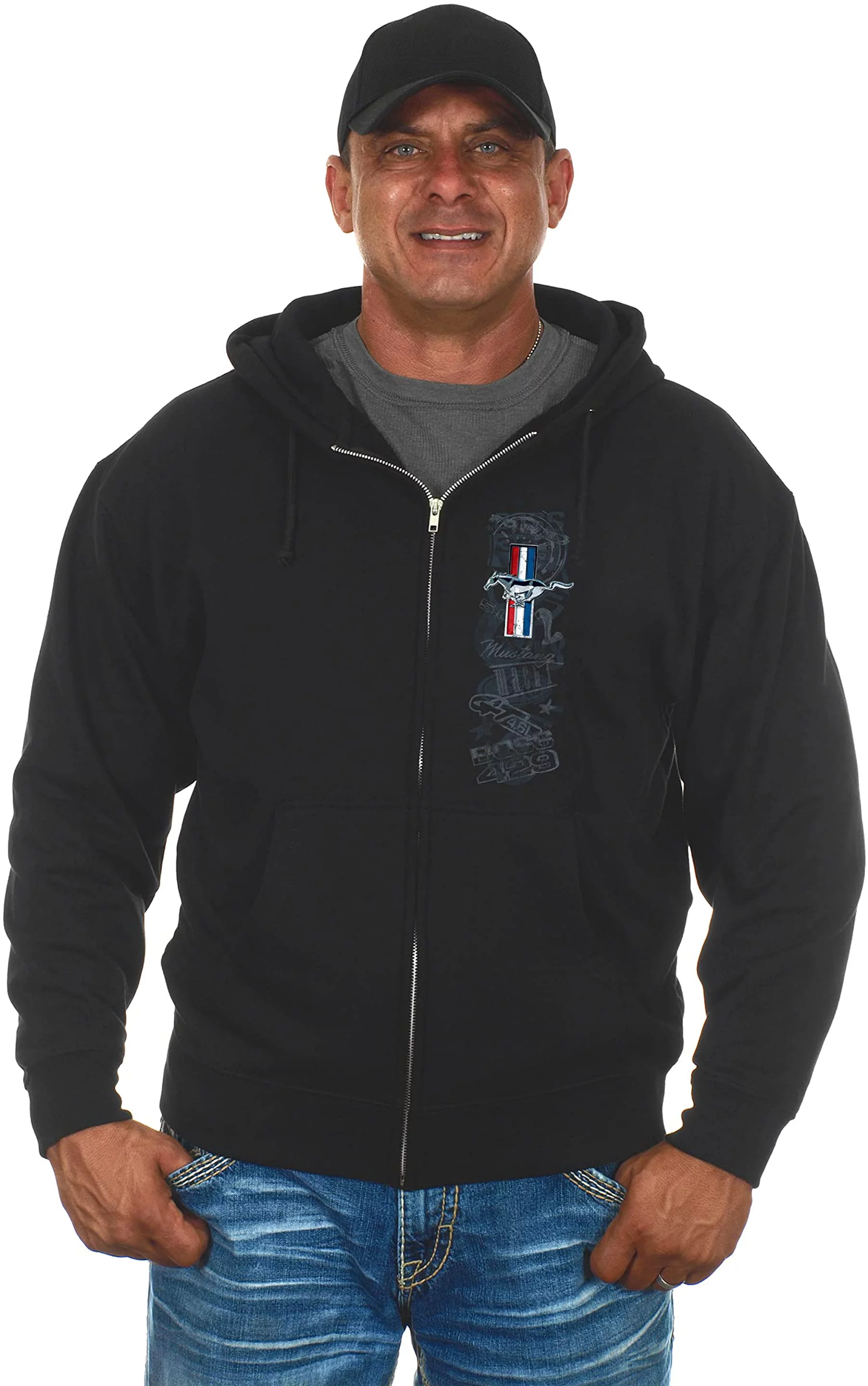 JH Design Group Mens Ford Mustang Tri-Bar Pony Distressed Collage Zip-Up Hoodie