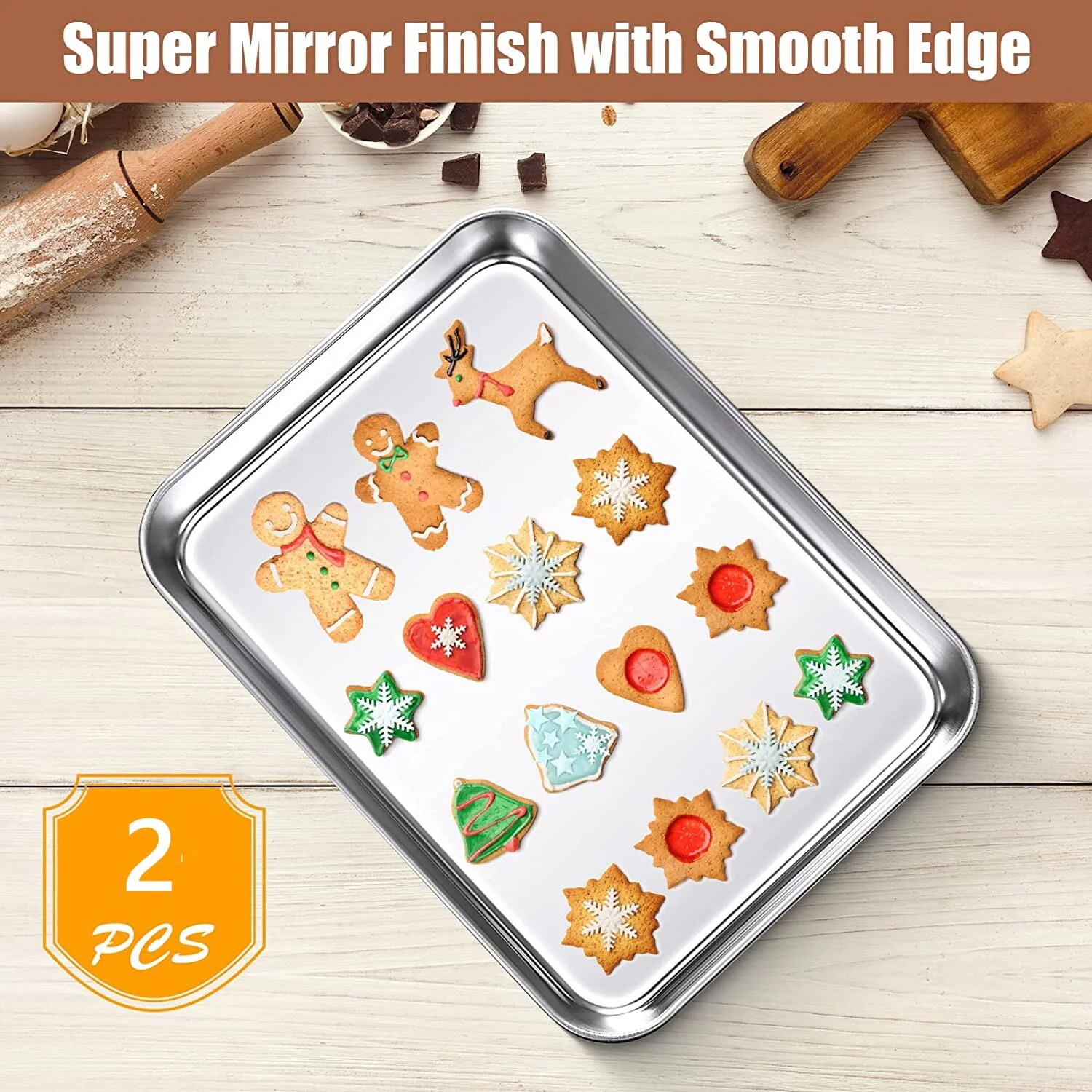 Baking Pans Sheet, 2 Piece Large Cookie Sheets Stainless Steel Baking Pan for Toaster Oven, RUseeN Non Toxic Tray Pan, Mirror Finish, Easy Clean, Dishwasher Safe, 10 x 8 x 1 inch