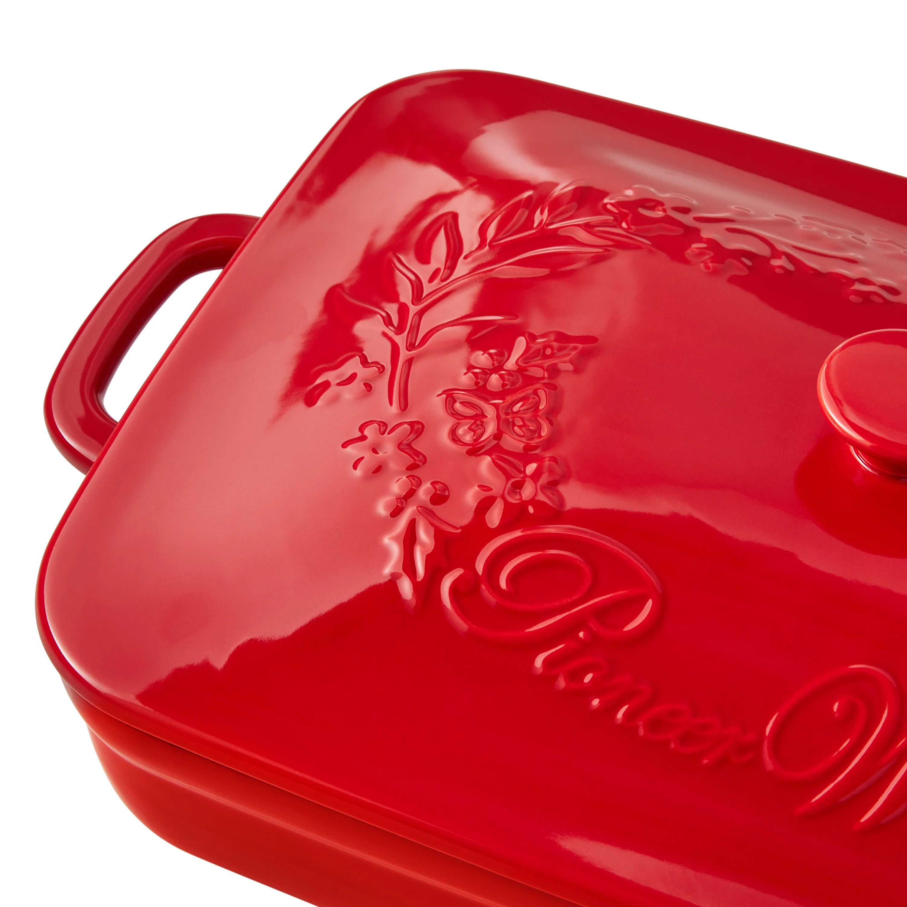 The Pioneer Woman Fancy Flourish Rectangular Stoneware Casserole with Lid, Red