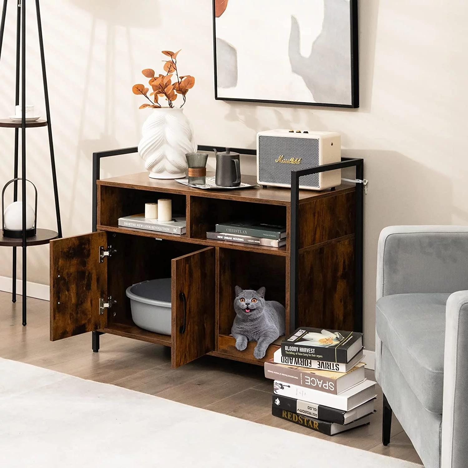 Cat Litter Box Enclosure - Cat Washroom Hidden Furniture with Front Entry, Cat Scratcher, 2-Door Storage Cabinet, 2 Compartments, Air Vents, Metal Frame, Wooden Pet Crate House (Rustic Brown)