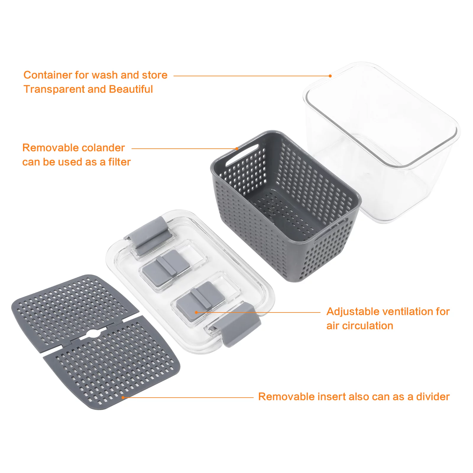 Set of 3 Refrigerator Produce Saver Containers Storage Bins with Adjustable Air Vent, Removable Filter Colander, Kitchen Organizer for Fruits Vegetables, Gray