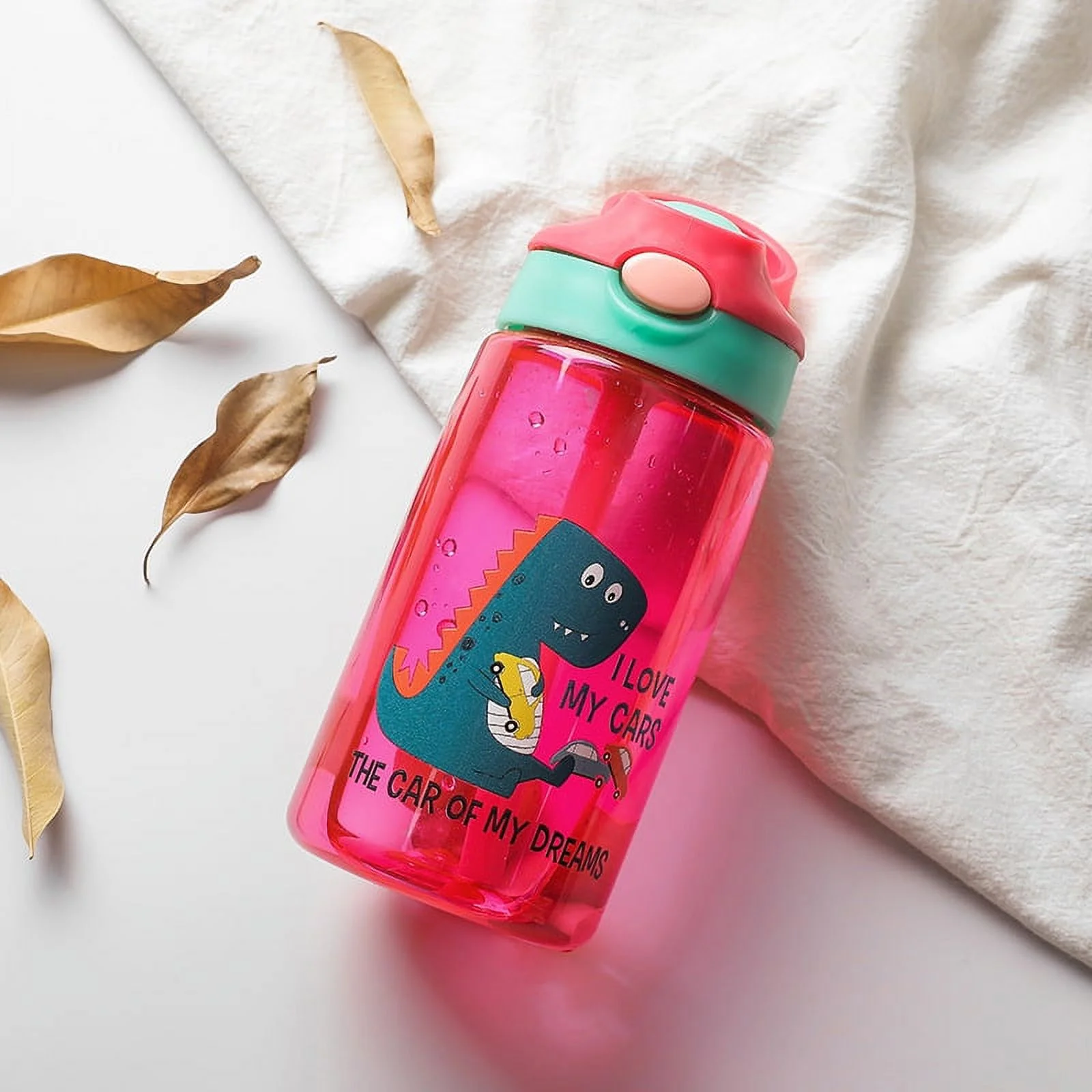 Kids Cleaning Water Bottle with Silicone Straw and Spill-proof Lid Dishwasher Safe, 16oz 2 Pack, Dinosaur