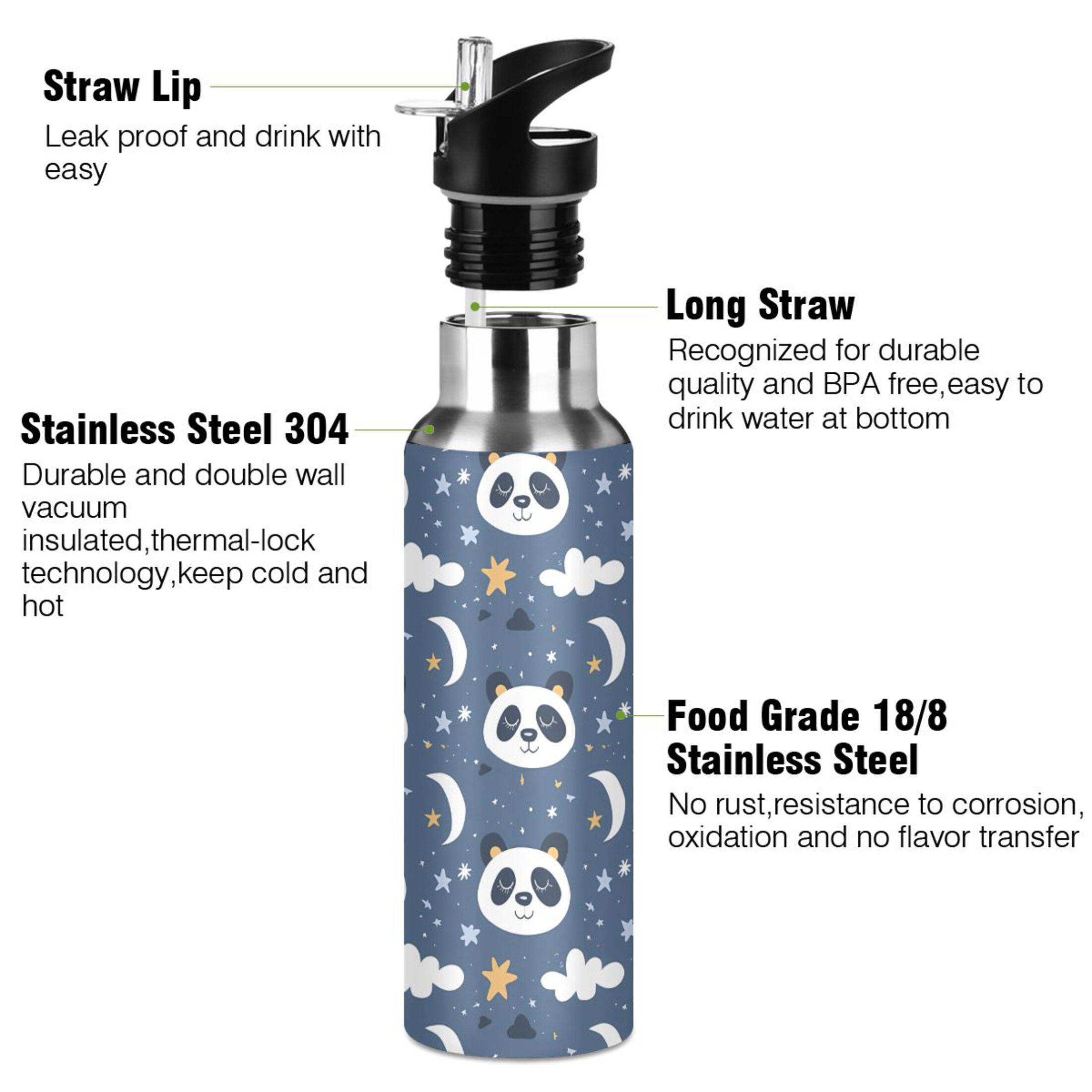 Cartoon Pandas and Clouds Water Bottles Insulated Thermos Kids Stainless Steel Bottle with Straw Lid Flask Leakproof for Sports Gym 20 oz
