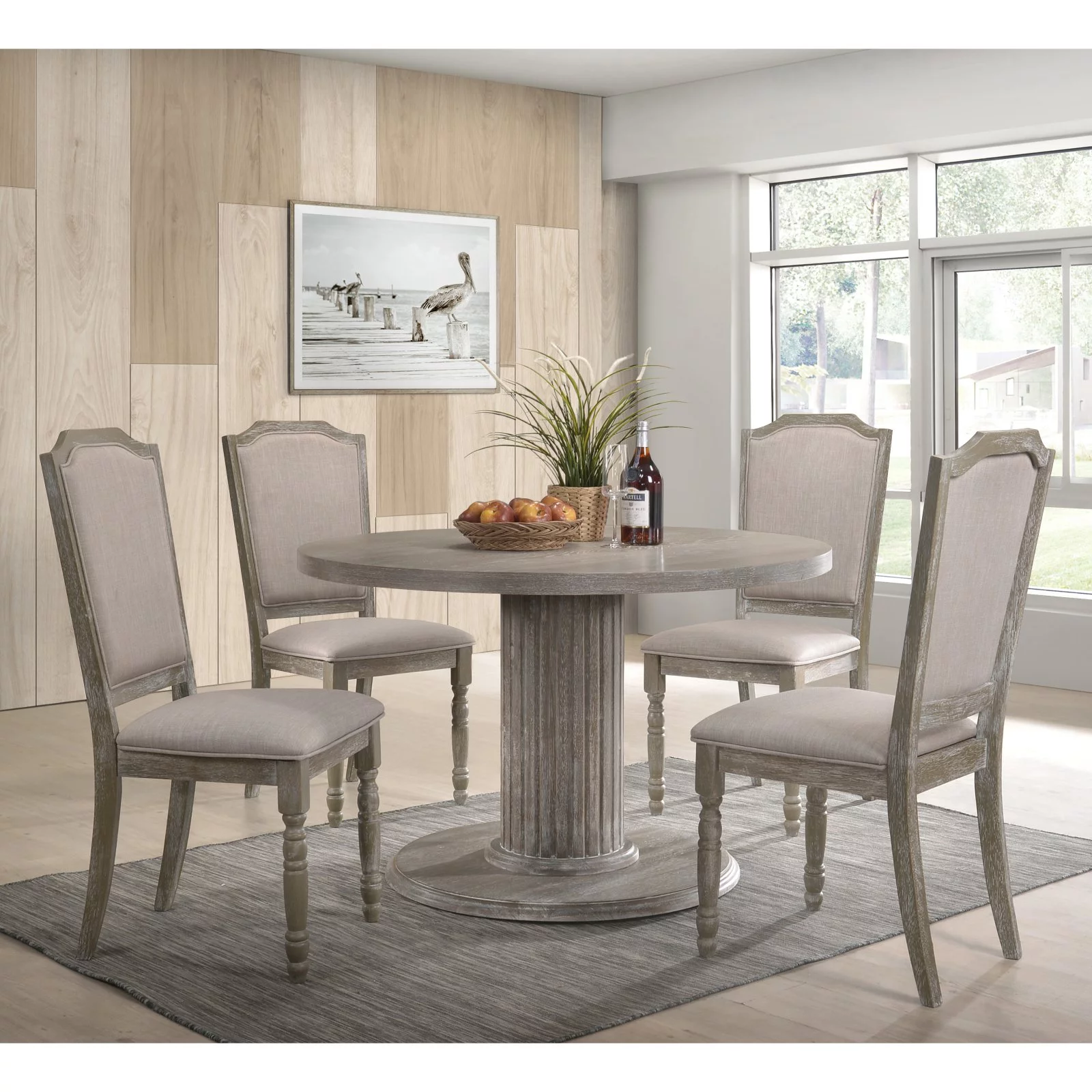 Ferran Wood Pedestal Dining Table Set in Reclaimed Gray
