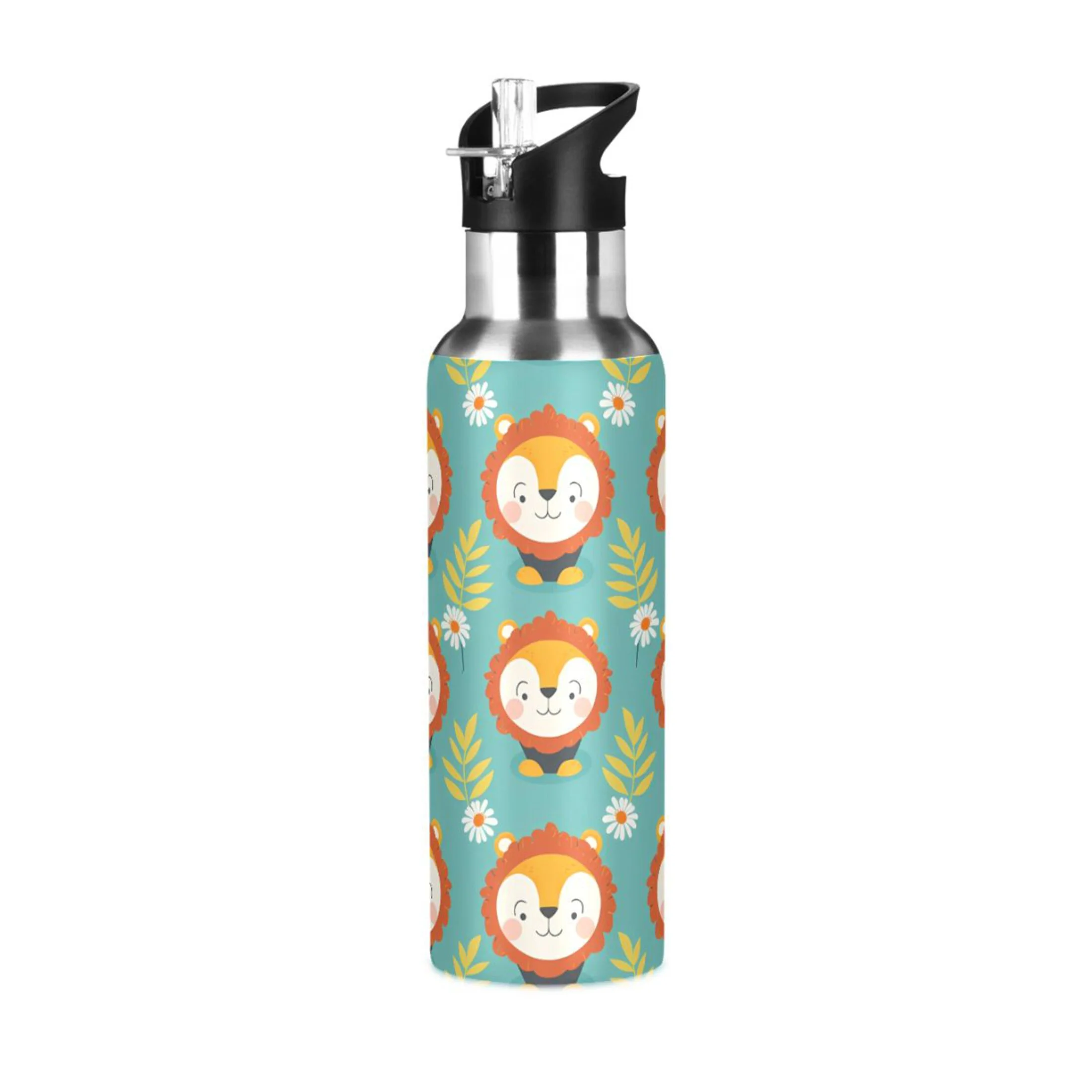 Cute Cartoon Lions and Floral Water Bottles Insulated Thermos Kids Stainless Steel Bottle with Straw Lid Flask Leakproof for Sports Gym 20 oz