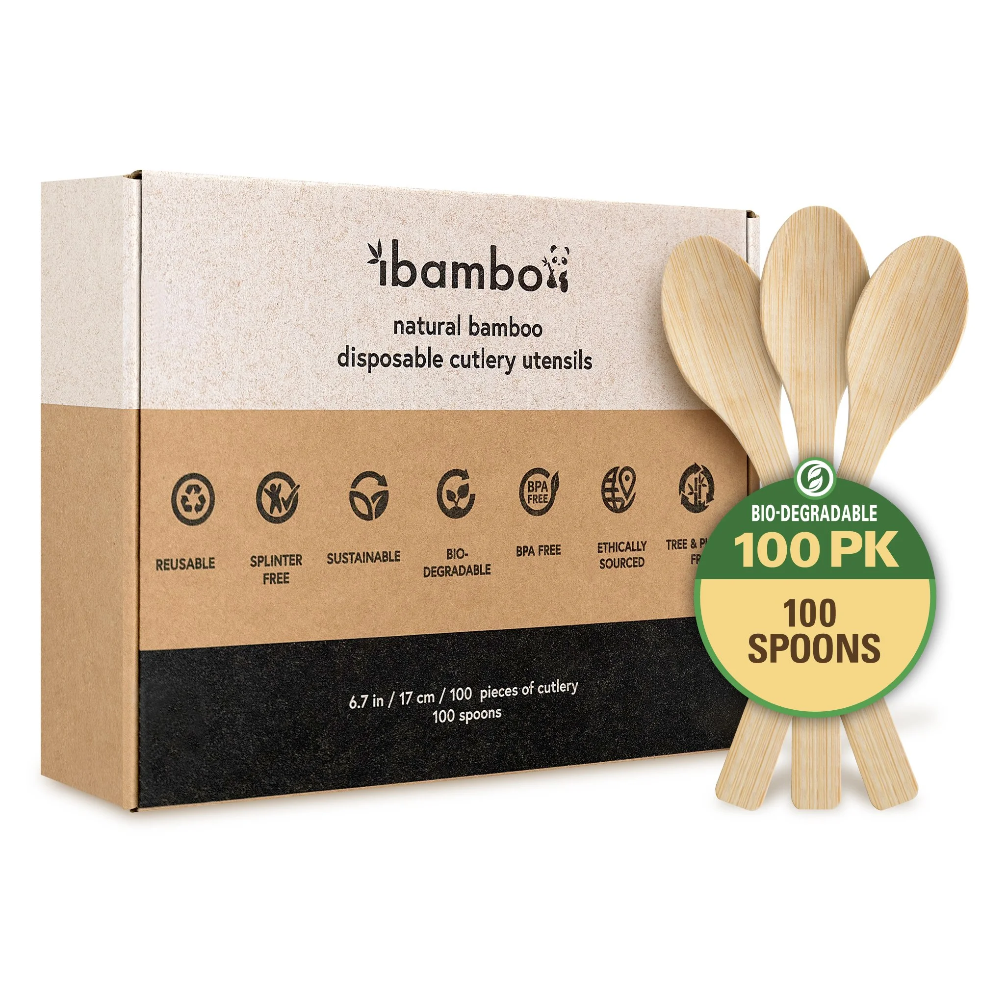 Ibambo Natural Bamboo Wooden Spoons, Disposable Spoons Dinner, Party Cutlery Flatware - 100 Set