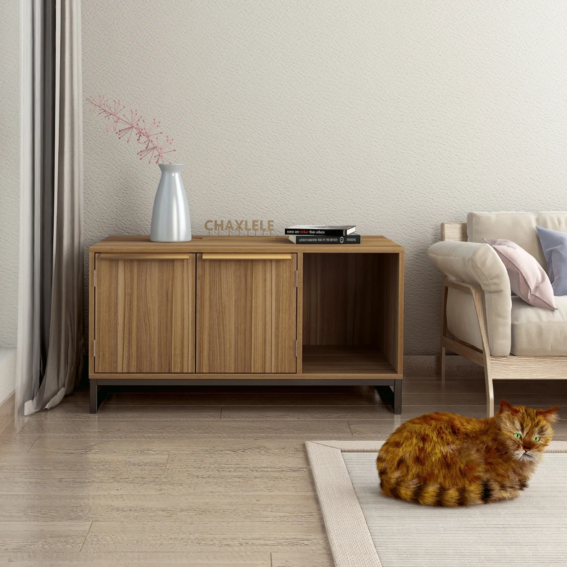 KEHOMY Cat House and TV Stand in One, Pet House with Perforated Litter Box with 2 Doors and 1 Cabinet, for Living Room