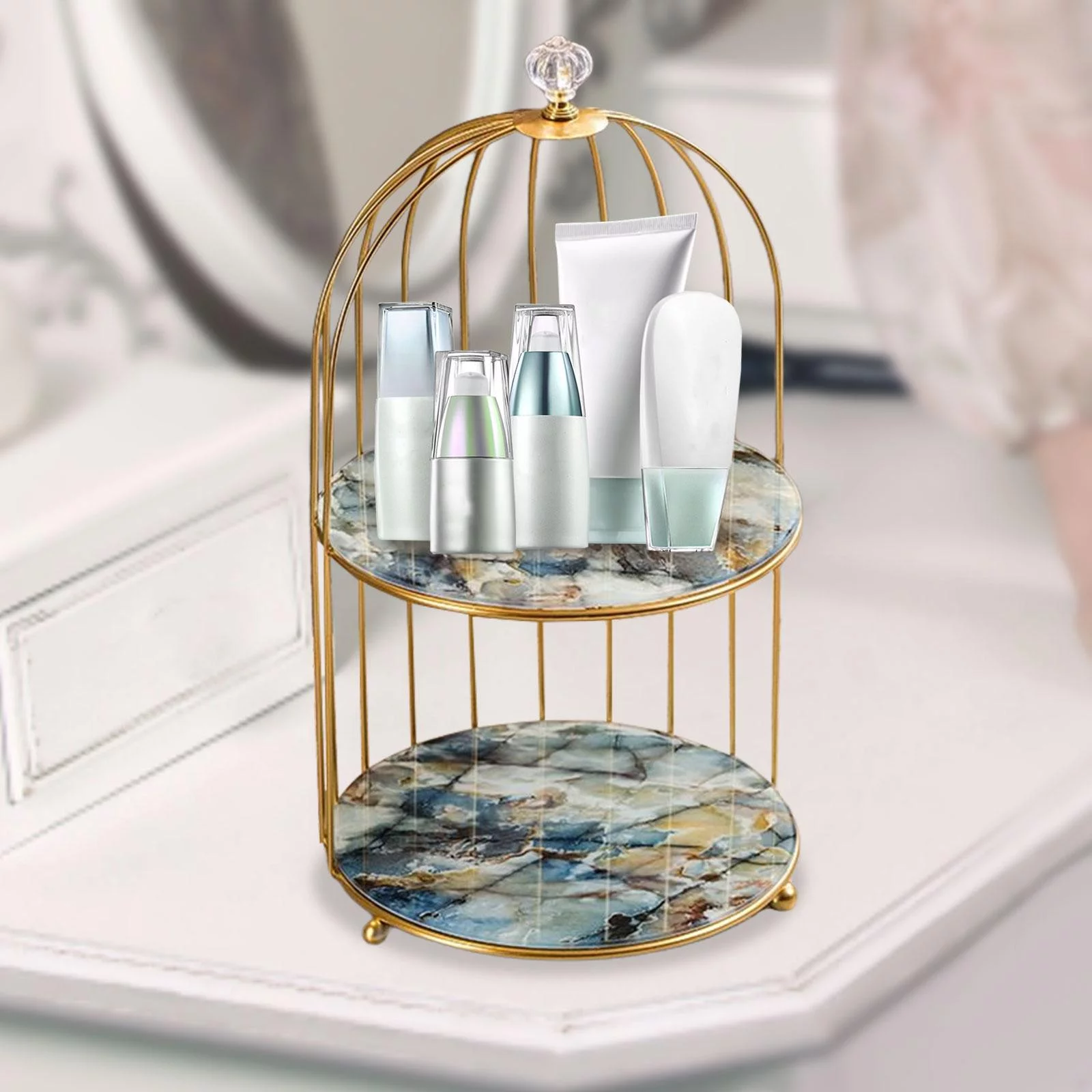 2Pcs Iron Bird Cage Perfume Makeup Holder Organizer Rack Standing Shelf for Bedroom