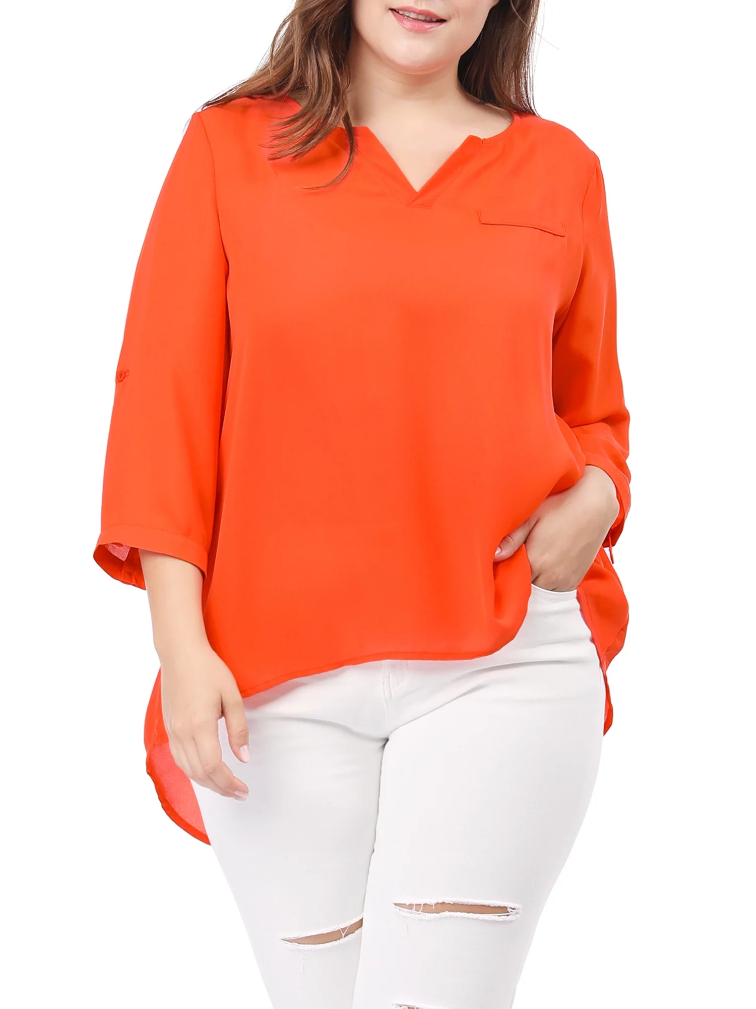 Agnes Orinda Women's Plus Size Sheer 3/4 Sleeve Flowy Split V Neck Blouse