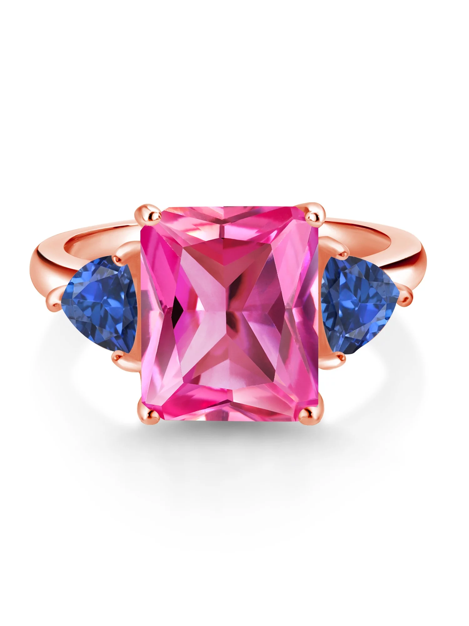 Gem Stone King 18K Rose Gold Plated Silver Pink and Blue Created Sapphire 3 Stone Ring For Women (7.68 Cttw, Octagon 12X10MM, Trillion 5X5MM, Gemstone September Birthstone, Size 6)