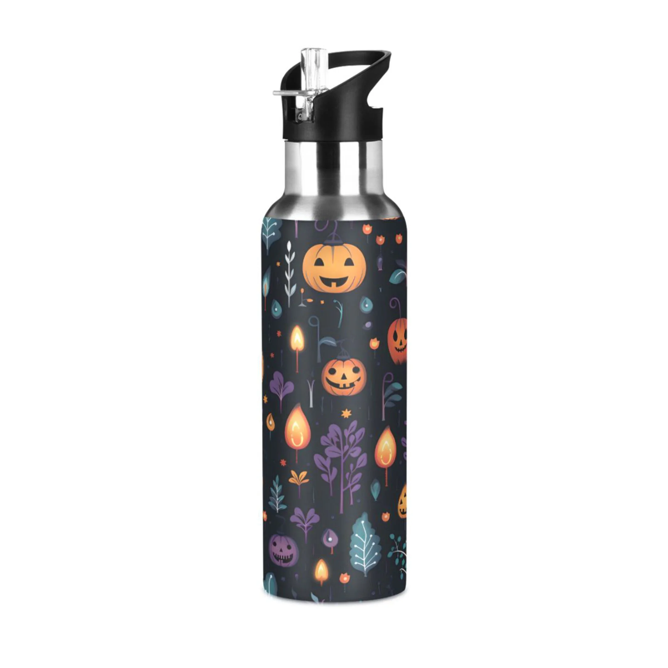 Water Bottle with Straw Lid Leak Halloween Pumpkins with Leaves Stainless Steel Insulated Thermos Vacuum Flask for Cold Hot Drinking for Sports Camping Gym Yoga