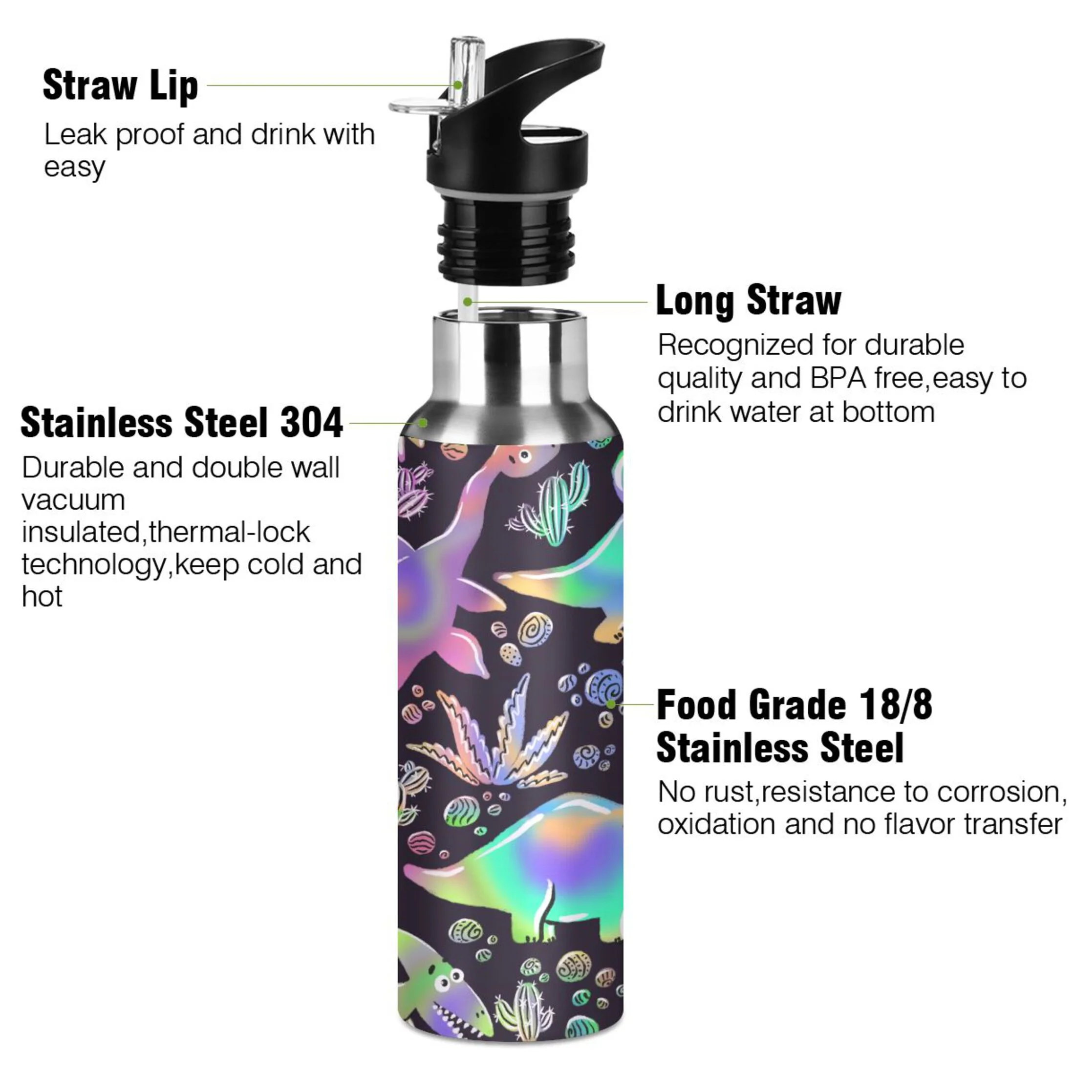 Stainless Steel Water Bottle Colorful Dinosaurs and Stones with Straw Lid Vacuum Insulated Keeps Hot and Cold Leak Proof Flask Jug for Gym Travel Sports Cycling Outdoor 20 OZ