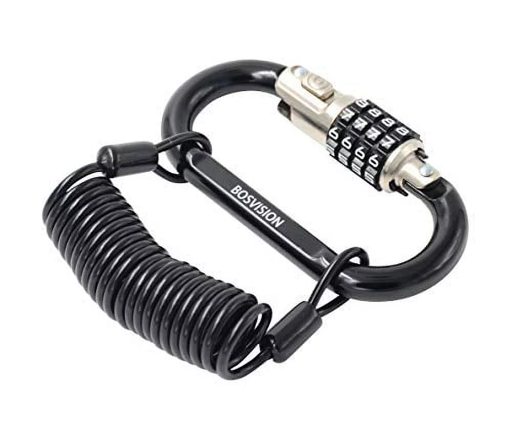 Bosvision 4-Digit Combination Carabiner/karabiner Lock, Helmet Lock with 5' (150cm) Coiled Steel Leash Cable