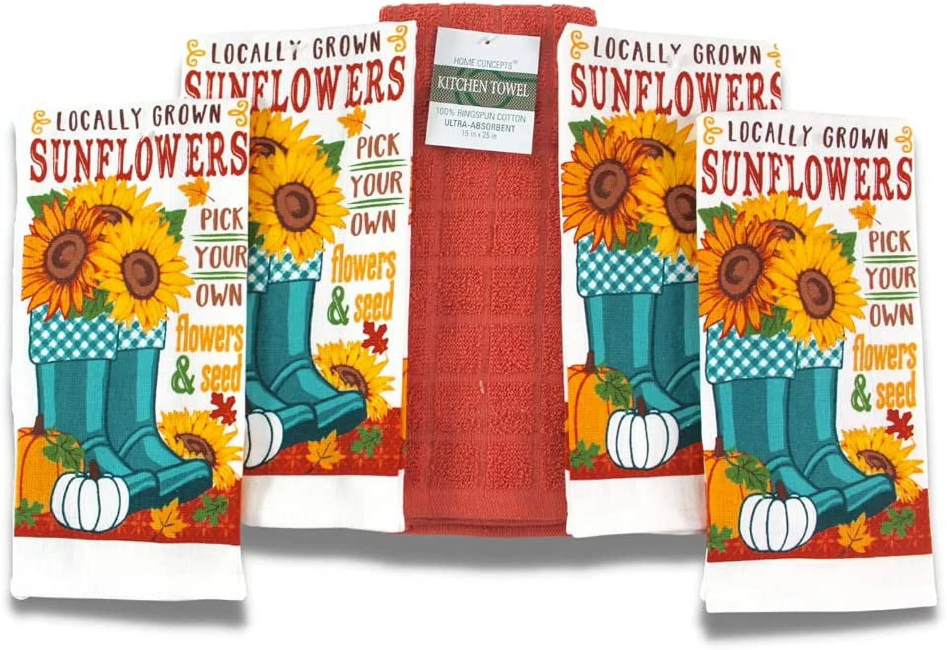 Serafina Home Autumn Sunflowers and Pumpkins Kitchen Towels Set 4pc: Locally Grown Pick Your Own Flowers and Seeds with Cute Garden Boots