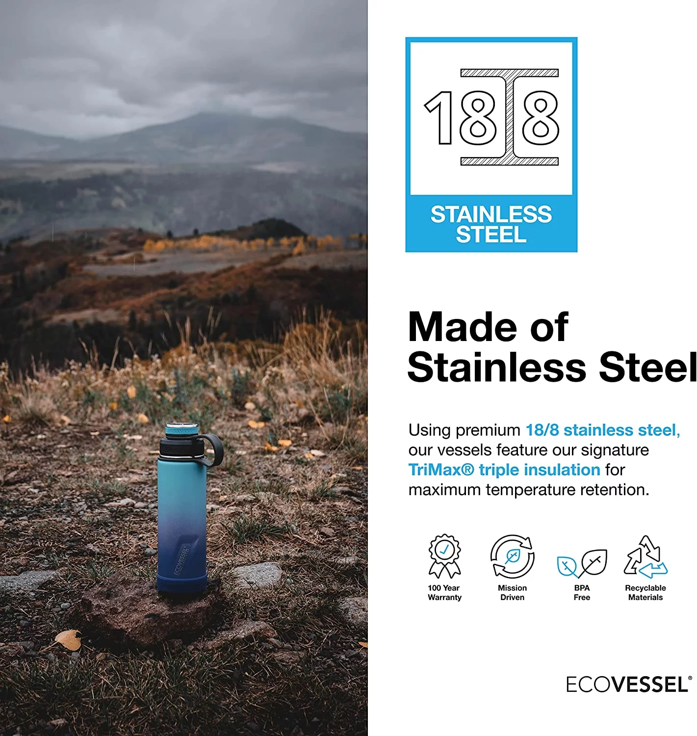 EcoVessel Boulder TriMax? Insulated Stainless Steel Water Bottle with Reflecta? Insulated Dual Lid, Strainer and Silicone Bottle Bumper – 24 oz (Ombre Galactic Ocean)