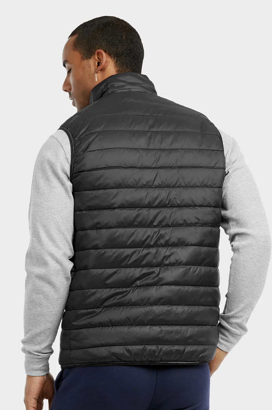 247 Frenzy Men's Essentials Et Tu Lightweight Full Front Zip Puff Nylon Vest Jacket with Side Zip Pockets - Black
