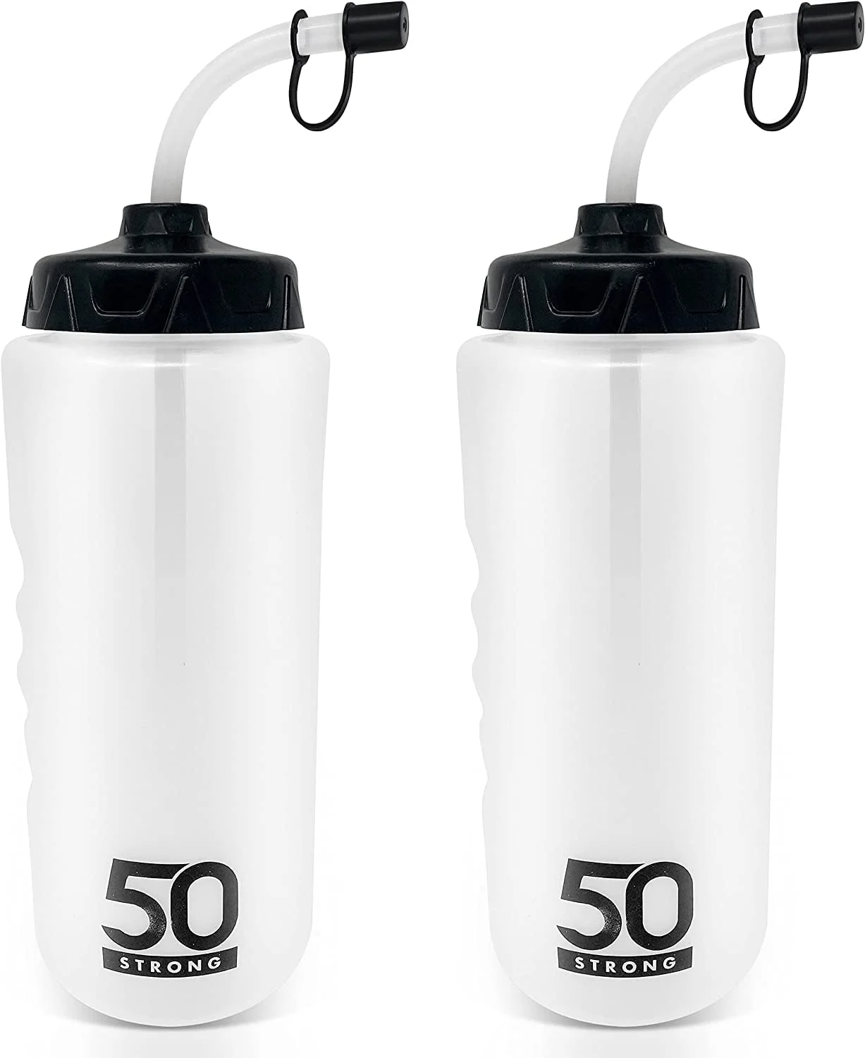 50 Strong 1L Clear Sports Water Bottle with Straw, Easy Squeeze + Finger Grip, BPA-Free, Made in USA (2 Pack)