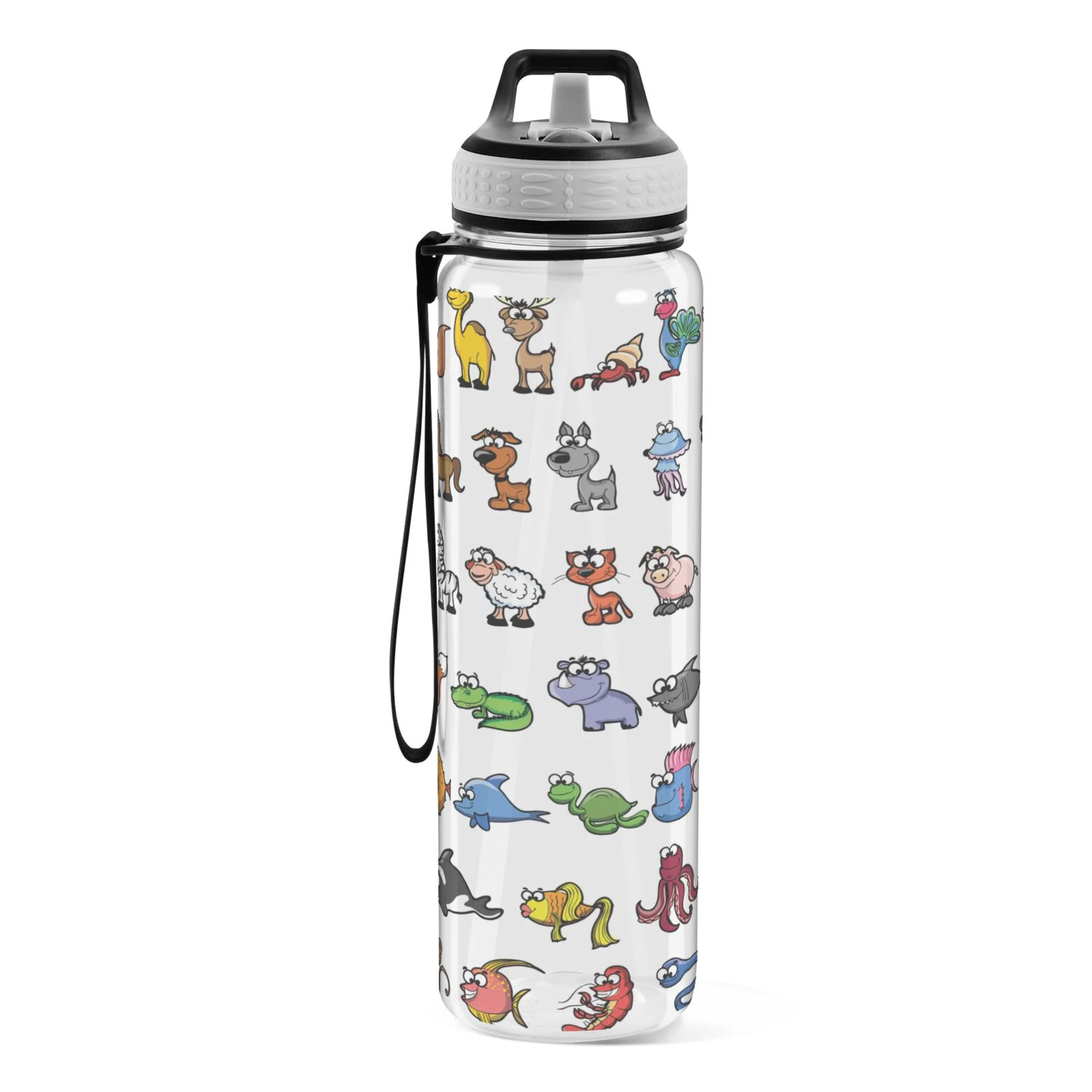 Cute Cartoon Animals 32oz Sports Water Bottles Leakproof Tritan Bottle with Straw BPA Free Clear Bottle for Fitness Gym Outdoor Cycling