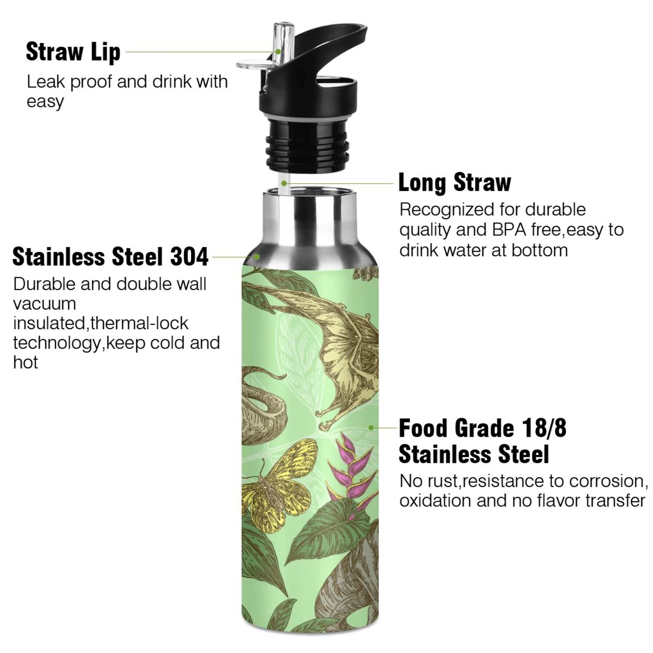 Water Bottle with Straw Lid Leak Dinosaur Butterfly Leaves Stainless Steel Insulated Thermos Vacuum Flask for Cold Hot Drinking for Sports Camping Gym Yoga