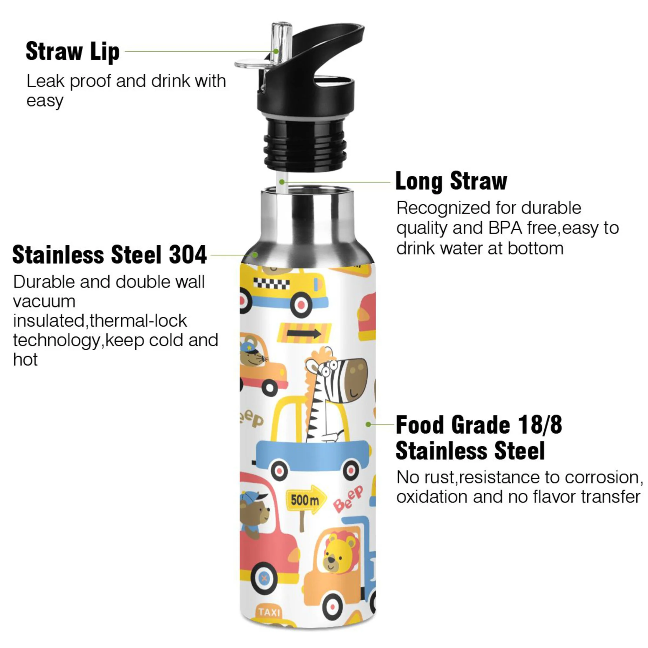 Water Bottle with Straw Lid Leak Vehicles Cartoon with Funny Animals Driver Stainless Steel Insulated Thermos Vacuum Flask for Cold Hot Drinking for Sports Camping Gym Yoga