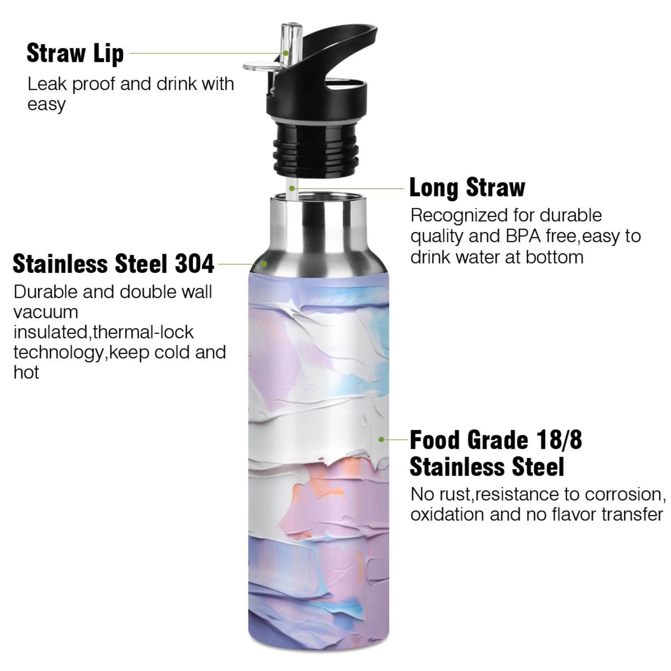 Purple Paint Water Bottles Insulated Thermos Kids Stainless Steel Bottle with Straw Lid Flask Leakproof for Sports Gym 20 oz