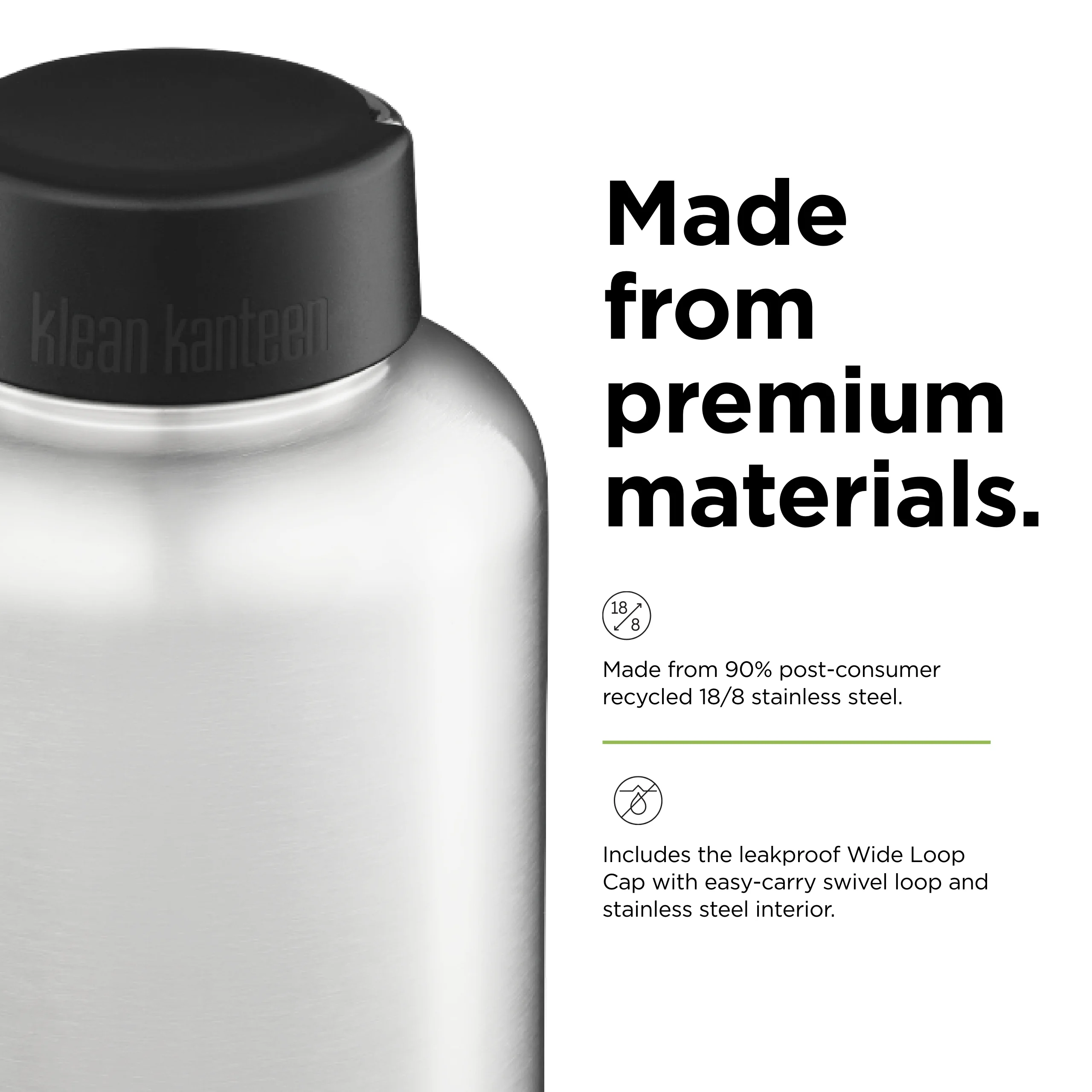 Klean Kanteen Wide w/Wide Loop Cap, 64oz, Brushed Stainless